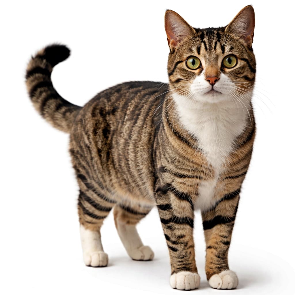 Full body of a tabby cat standing still against a plain white background 白い無地背景の前で静かに立っているキジトラ猫の全身写真