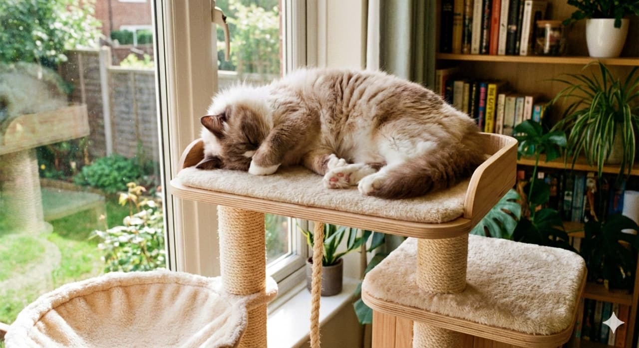 「「まぶしいのは苦手なの…」おててで顔を隠して爆睡中💤 ふわふわボディがキャットタワーからはみ出しそう💕」A fluffy Ragdoll-style cat sleeping soundly on the top platform of a wooden cat tower by a large window overlooking a garden. The cat is curled up with its paw covering its face, shielding its eyes from the light in a cozy, sunlit room with bookshelves. 緑豊かな庭が見える窓辺に置かれたキャットタワーの最上段で、長毛のラグドール風の猫が体を丸めて熟睡している様子。前足で顔を隠す「ごめん寝」のようなポーズをとっており、柔らかな光と本棚の背景が静かで平和な午後の時間を演出している