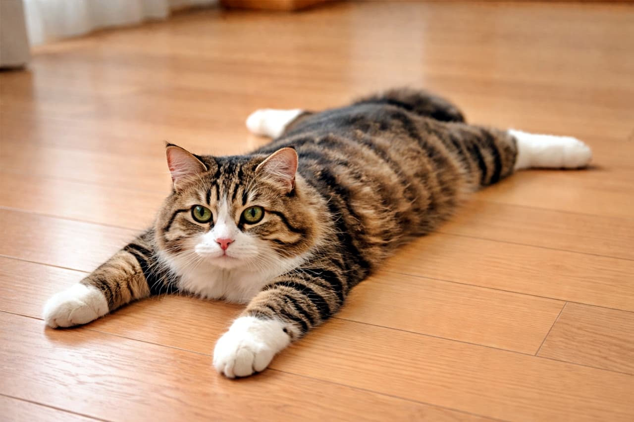 A relaxed tabby cat lying flat on a wooden floor, stretching its body comfortably while looking calmly at the camera. 木の床の上で体をぺたんと伸ばし、リラックスした様子でカメラを見つめるキジトラ猫