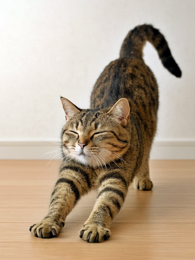 A tabby cat with brown, black, and cream fur stretches gently on a light wooden floor, eyes closed and tail raised, in soft natural light against a plain wall. 茶色・黒・クリーム色の毛並みを持つトラ猫が、目を閉じて尾を立てながら木の床でやさしく伸びをしている。背景はシンプルな壁で、自然光が柔らかく差している