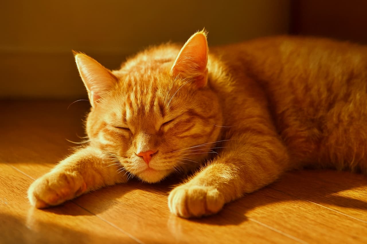 A ginger tabby cat lies peacefully on a sunlit hardwood floor, eyes closed and front paws stretched forward. Warm afternoon light highlights its orange fur and soft pink nose. 日差しの差し込む木の床に、茶トラ猫が穏やかに横たわっている。目を閉じ、前足を伸ばし、午後の光がオレンジ色の毛並みとピンクの鼻を優しく照らしている