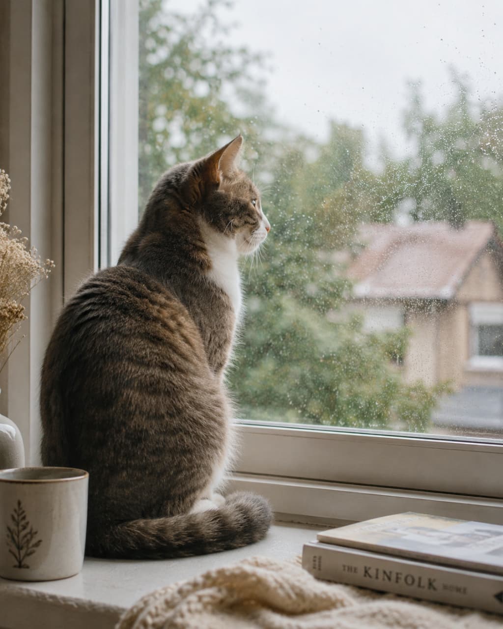 「雨の日もお外が気になるニャ…☔️ 窓辺のノスタルジックな雰囲気にうっとりしちゃったら「いいね」してね本🐾」An ultra-realistic high-quality photograph of a tabby and white cat sitting on a windowsill on a rainy day, looking out through a glass window covered in water droplets. The cinematic scene features books, a ceramic mug, and dried flowers on the sill, bathed in soft, moody daylight. 水滴がたくさんついたガラス窓のそばに佇み、雨に濡れる外の木々やレンガ屋根の家を静かに見つめるキジ白猫の後ろ姿。窓辺にはお洒落な英字のライフスタイル本(KINFOLK)やナチュラルな植物、北欧風の陶器マグカップが並び、曇り空からの柔らかな光が哀愁漂う美しい情景を演出しています