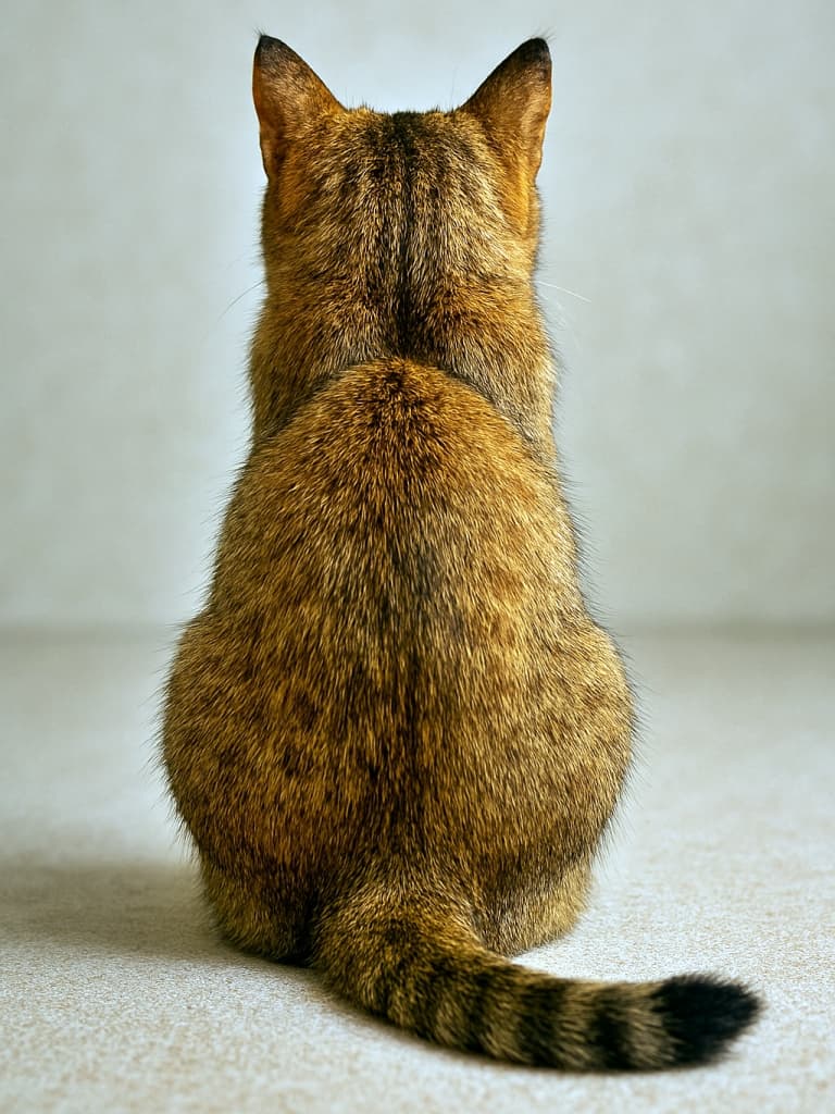 Back view of a sitting tabby cat with perked ears and a visible curved tail resting on the floor. 耳を立てて座るトラ猫の後ろ姿。床に沿ってカーブしたしっぽが見える