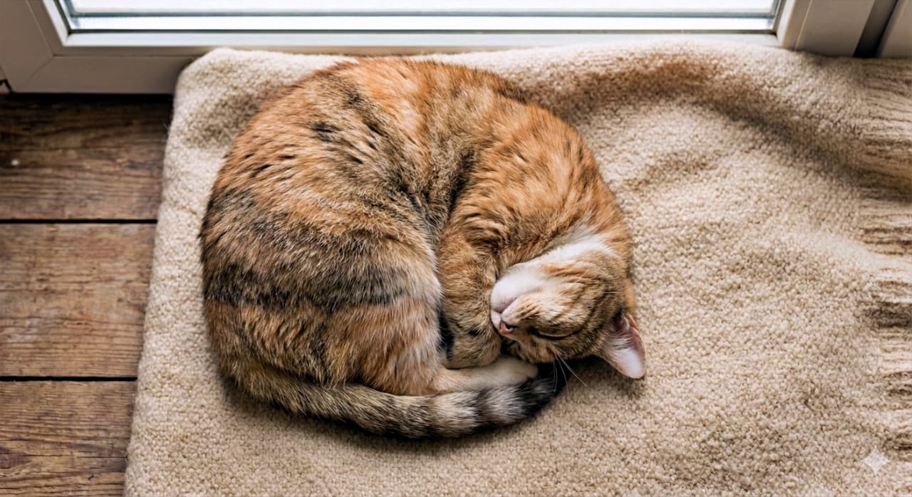 「窓辺でポカポカ日向ぼっこ☀️光を浴びてとろける茶トラ猫さん、幸せそうな寝顔に癒やされます…💕」A top-down view of a ginger tabby cat curled up asleep on a beige rug by a sunny window. Soft natural daylight illuminates the cat's striped fur as it rests on the wooden floor, covering its face with its paws in a peaceful, sun-bathing pose. 日当たりの良い窓辺のフローリングに敷かれたベージュのラグの上で、気持ちよさそうに丸まって眠る茶トラ猫の俯瞰写真。柔らかな自然光が猫の縞模様を照らし、前足で顔を隠すような愛らしい寝相をとっている、穏やかな午後のひととき