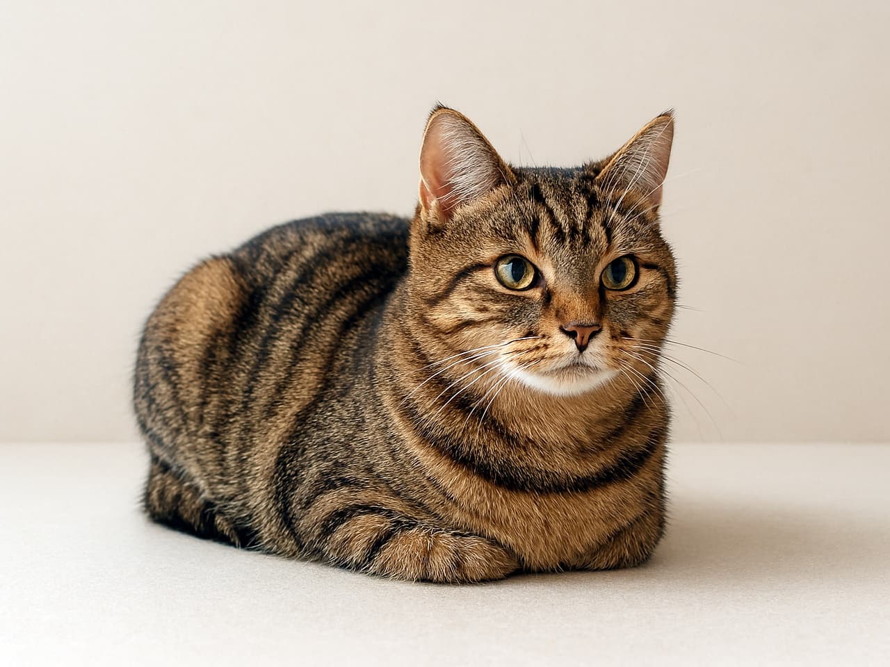A tabby cat in a loaf position with legs tucked under, sitting calmly on a plain beige surface. 脚をすべて体の下にしまい込んだローフ姿(香箱座り)のトラ猫が、ベージュの無地の床に穏やかに座っている