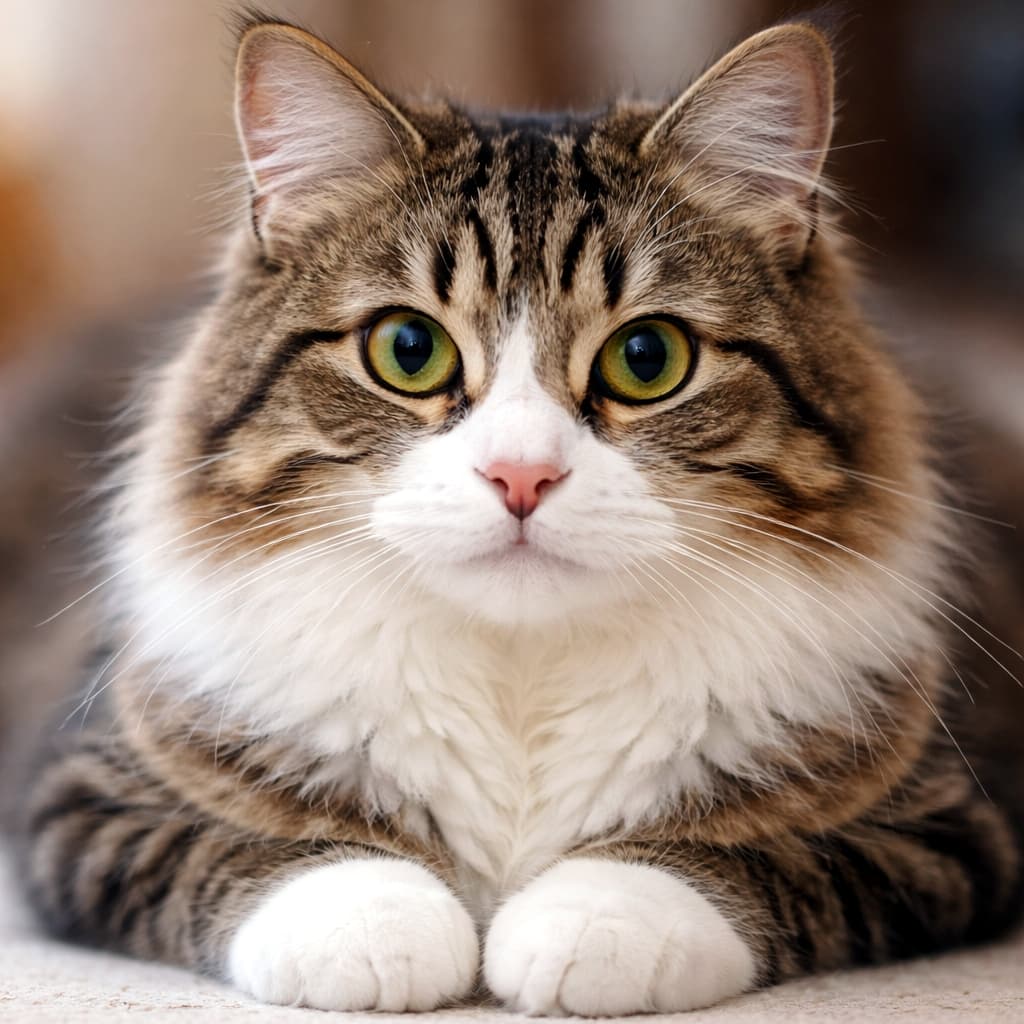 A relaxed tabby cat lying down and looking straight ahead, with bright green eyes and soft natural lighting. 床に伏せた状態で正面を見つめる、明るい緑色の目をしたリラックスしたキジトラ猫