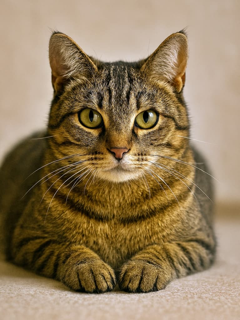A front-facing tabby cat lying down on a beige surface, with golden eyes and striped fur. ベージュの床に伏せて正面を見つめるトラ柄の猫。金色の瞳と縞模様の毛並みが特徴
