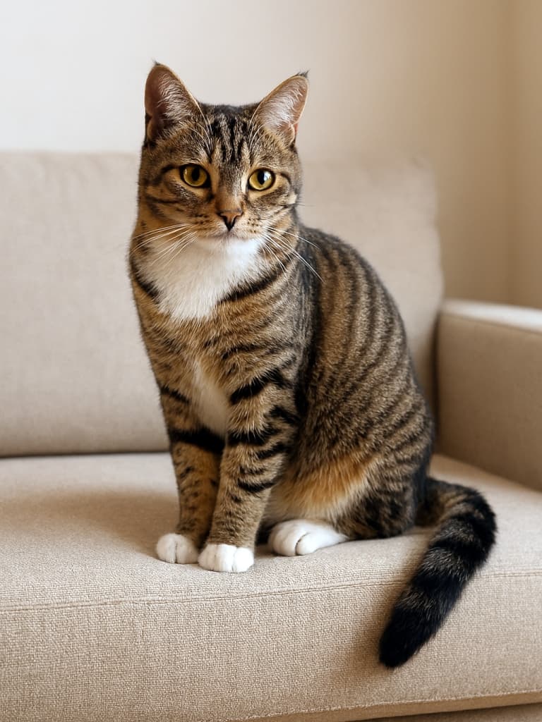 A photorealistic tabby cat with white paws sits attentively at the edge of a beige sofa, gazing forward in soft natural light. 白い前足のキジトラ猫が、ベージュのソファの端にちょこんと座り、柔らかな自然光の中でまっすぐ前を見つめている