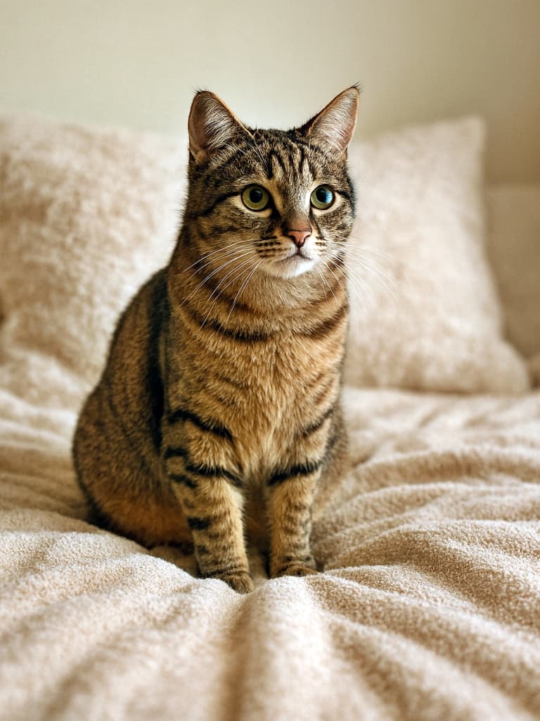 A photorealistic tabby cat with warm brown and black stripes sits upright on a beige textured bedspread, gazing calmly toward the camera. Natural lighting highlights the soft folds of the blanket and the cat’s expressive greenish-yellow eyes. 茶色と黒の縞模様が美しいリアルなトラ猫が、ベージュの柔らかな質感のベッドカバーの上にちょこんと座り、カメラに穏やかな視線を向けている。自然光が毛並みとブランケットの優しいしわをやさしく照らしている