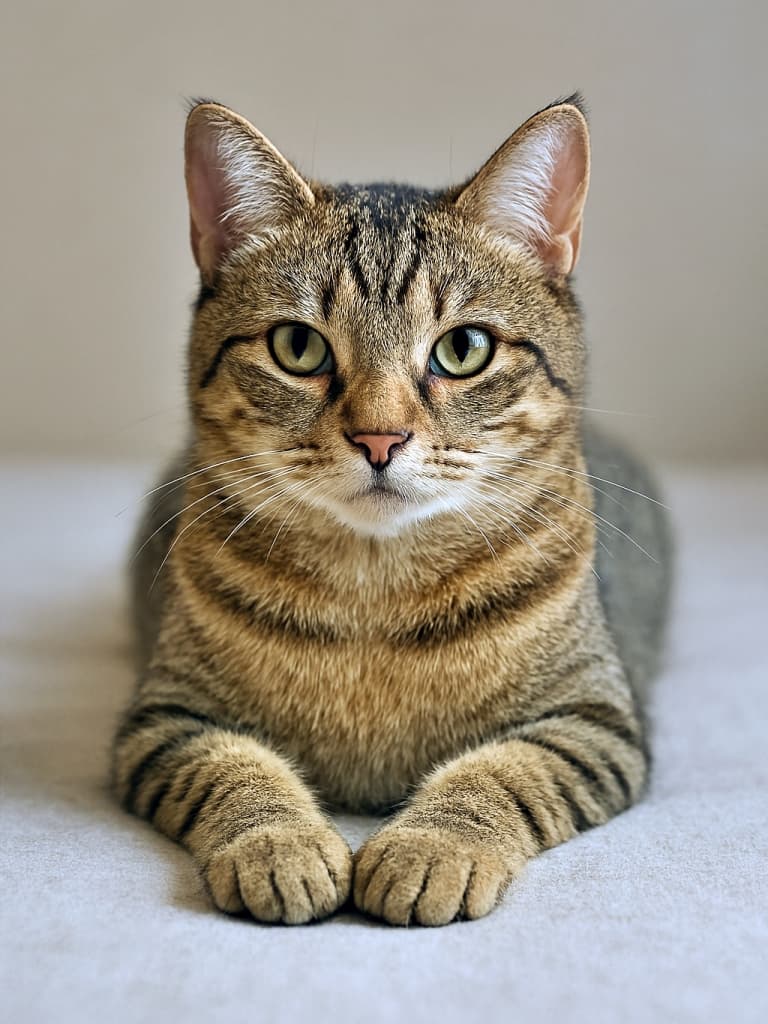 A tabby cat lying down with its front paws neatly aligned, gazing calmly at the camera. 前足をきれいに揃えて伏せるキジトラ猫。穏やかな表情でカメラを見つめている