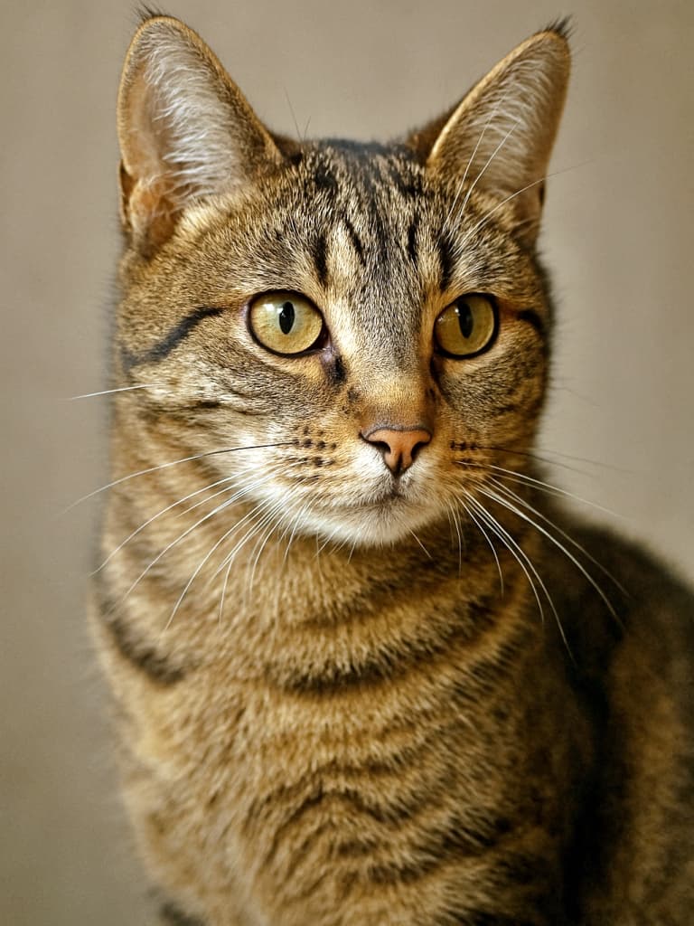Portrait of a domestic short-haired tabby cat with golden eyes, gazing slightly to the right in soft natural light. ゴールドの瞳で少し右を見つめる、柔らかな自然光に包まれた短毛のトラ猫のポートレート