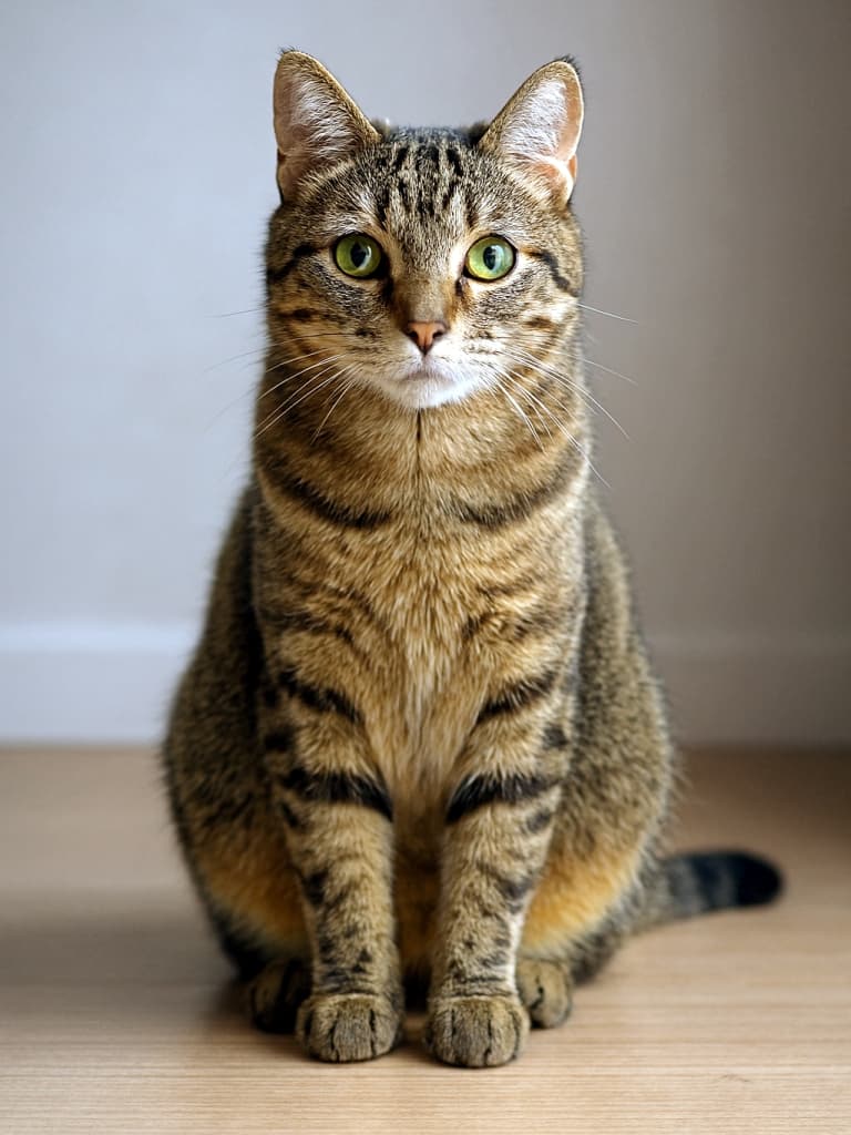 A domestic short-haired tabby cat sits upright on a light wood floor, facing the camera. Its green eyes, striped fur, and symmetrical posture are highlighted by soft natural light. 短毛のトラ猫が木目の床にまっすぐ座り、カメラを見つめている。緑の瞳と縞模様の毛並みが、自然光にやさしく照らされている