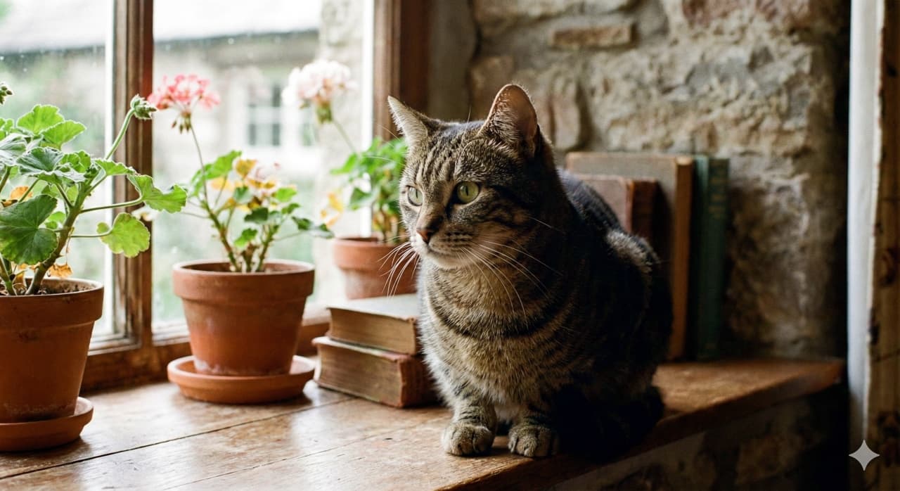 「まるで映画のワンシーン。古い窓辺と本、そして猫。ノスタルジックな雰囲気にうっとりしちゃいます🎞️🥀」A nostalgic portrait of a tabby cat sitting on a rustic wooden windowsill next to vintage books and terracotta potted flowers. The cat looks to the side against a stone wall background, bathed in soft natural light, evoking a peaceful cottagecore atmosphere. 石造りの壁と古い木製の窓枠があるカントリー調の窓辺に座り、外を眺めるキジトラ猫。横には素焼きの鉢植え(ゼラニウムなど)や古書が置かれ、自然光が猫の横顔を情緒的に照らす、ノスタルジックで絵画のような一枚