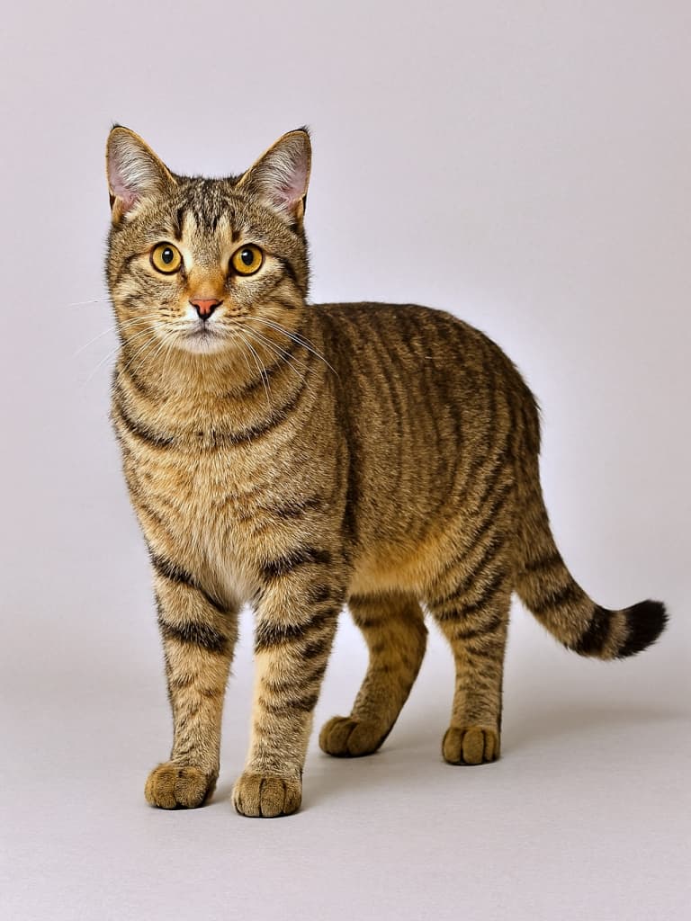 A short-haired tabby cat stands alert on all four legs against a plain beige background, gazing directly at the camera with golden eyes. Its striped fur and relaxed posture convey a calm, attentive mood. 短毛のトラ猫がベージュの無地背景の上で四つ足で立ち、金色の目でまっすぐカメラを見つめている。縞模様の毛並みと落ち着いた姿勢が穏やかで注意深い雰囲気を伝えている