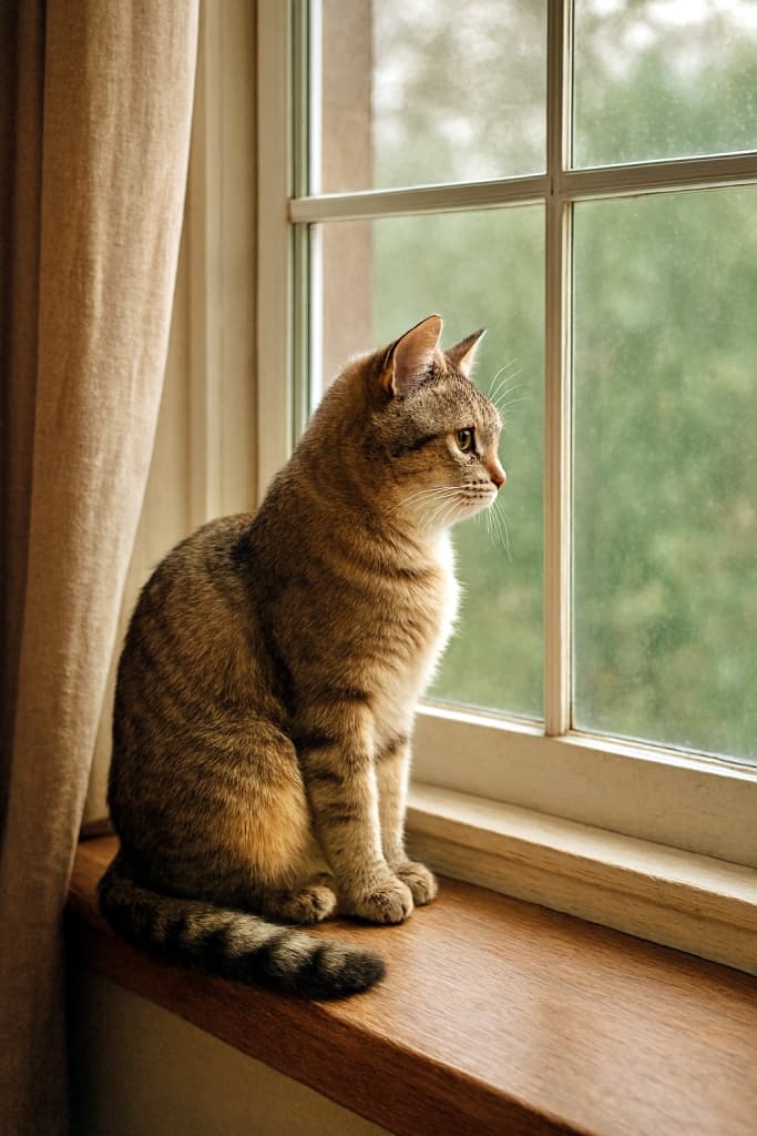 A tabby cat with light and dark brown fur sits calmly on a wooden windowsill, gazing outside through a foggy window. Soft natural light filters in, creating a peaceful indoor atmosphere. 淡い茶色と濃い茶色の縞模様を持つ猫が、木製の窓辺に静かに座り、外を見つめている。窓は少し曇っており、柔らかな自然光が差し込み、穏やかな室内の雰囲気を演出している