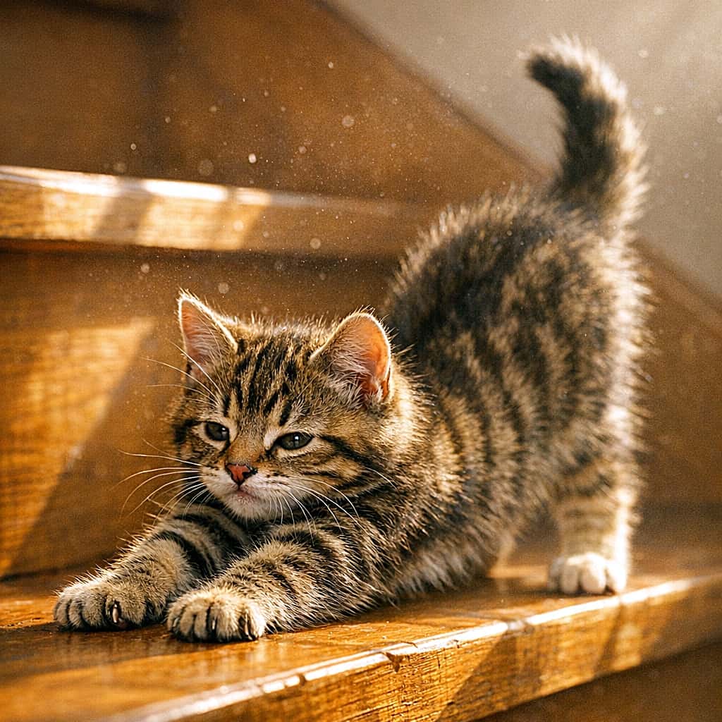 「午後の階段は、のび〜る時間。サバトラ子猫、光の中でまったりストレッチ!」A mackerel tabby kitten stretches its forepaws on a sunlit wooden stair, bathed in afternoon light. Dust motes float in the warm air, and soft shadows frame the kitten’s volumetric fur and moist pink nose. 午後の斜光に包まれた木製階段で、サバトラ子猫が前足を伸ばしている。舞う埃と柔らかな影が、ふわふわの毛並みと濡れた鼻を際立たせている