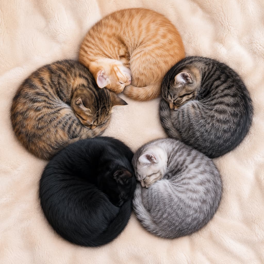 「5にゃんこで作る、奇跡のサークルアート🐾🔄 中心に吸い込まれそうなほどの完璧なフォルム!黒猫ちゃんが良いアクセントになってますね🐈⬛✨ #奇跡の一枚 #ねこ部 #子猫 #あんもにゃいと #猫好きさんと繋がりたい」Ultra-realistic high-quality photograph of five sleeping kittens, including various tabbies and a black cat, curled up head-to-tail in a perfect circle on a beige blanket. The top-down uniform lighting highlights this artistic, flower-like composition. 柔らかなベージュの毛布の上で、茶トラ、キジトラ、サバトラ、黒猫の5匹の子猫が、それぞれの尻尾を追いかけるような完璧な円形を作って眠るリアルな写真。真上からの均一でフラットな光が、まるで一つの花やアート作品のような美しい構図を照らしています
