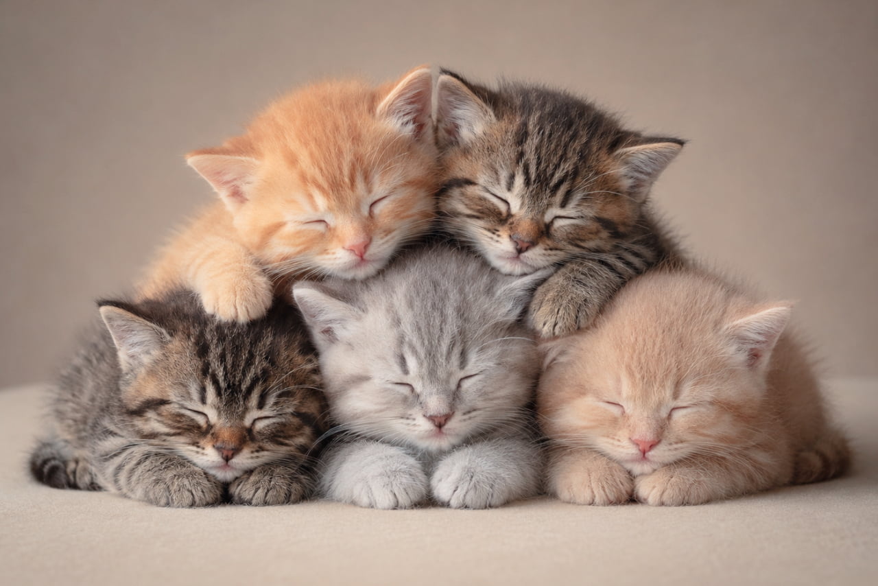 「猫団子ならぬ、猫ピラミッド完成!?🐈🐈🐈🐈🐈 みんなでくっつけば寒さなんてへっちゃらですね✨ あなたの推しは何色の子?💖 #子猫 #猫団子 #猫好きさんと繋がりたい」Ultra-realistic high-quality photograph of five sleeping kittens of various coat colors (red, brown, cream, blue tabby) forming a cute pyramid. They rest peacefully against a simple beige background under soft, professional lighting. 茶トラ、キジトラ、クリーム、グレーなど様々な毛色を持つ5匹の短毛種の子猫たちが、折り重なるようにピラミッド状になって眠るリアルな写真。スタジオ風のシンプルなベージュ背景と均一で柔らかな光が、スヤスヤと眠る愛らしい表情の集合体を際立たせています