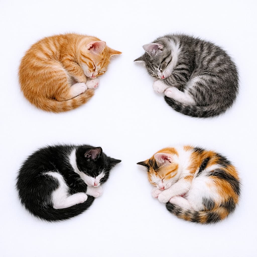 「あなたはどのコに癒やされる?🥰まあるく固まって眠る4匹の天使をお届け🐾 #猫のいる暮らし #癒やし」An ultra-realistic high-quality studio photograph capturing four domestic shorthair kittens—ginger tabby, silver tabby, tuxedo, and calico—sleeping in perfect, tight circles, creating a symmetrical wheel pattern on a solid white background, shot from a flat-lay top-down perspective with flawless, soft commercial lighting. 純白のスタジオ背景のド真ん中。茶トラ、シルバータビー(サバトラ)、タキシード(白黒)、キャリコ(三毛)の短毛種の子猫4匹が、それぞれ前後の足をぎゅっと体に引き寄せ、完璧なドーナツ状(アンモナイト形)に丸まって熟睡している姿を真上から捉えた俯瞰(フラットレイ)構図。影が極限まで柔らかく処理された均一なライティングにより、子猫たちのふやふやとした極上の被毛の質感、ピンクの肉球、愛らしい耳の輪郭が鮮明に浮かび上がっている、ミニマルで洗練された高画質写真