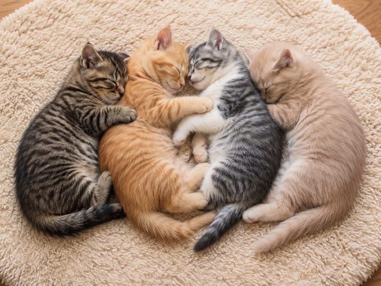 「子猫たちで作った、もふもふの三日月🌙✨ まあるいラグの上で、気持ちよさそうにスヤスヤ…。ずっと眺めていたくなる一枚です🐈💤 #ねこのきもち #お昼寝 #多頭飼い猫 #猫好き」Ultra-realistic high-quality photograph of four tabby kittens sleeping in a beautiful crescent formation on a round cream rug over a wooden floor. The warm indoor lighting highlights their soft fur, rounded forms, and peaceful expressions. 木目の床に敷かれた丸いクリーム色のラグの上で、キジトラ、茶トラ、サバトラ白、クリームの4匹の子猫が綺麗な三日月の形に重なり合って眠るリアルな写真。温かみのある室内光が、スヤスヤと眠る柔らかな被毛の美しさと丸みを帯びたフォルムを引き立てています
