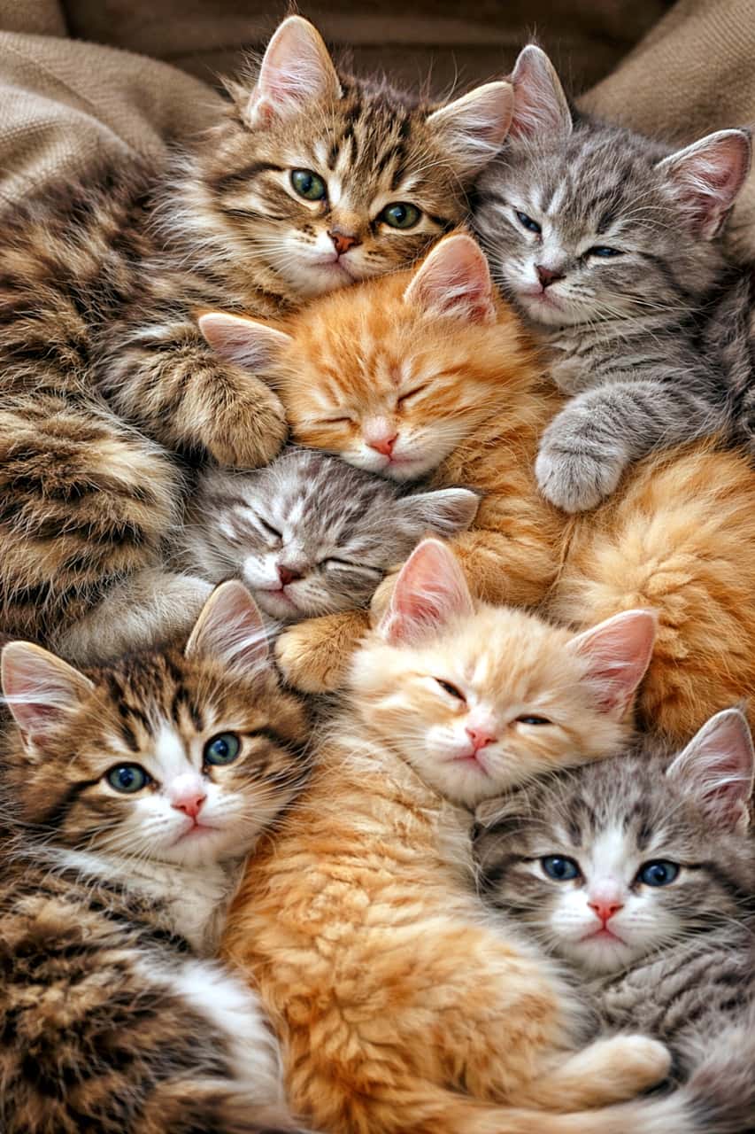 「ぎゅうぎゅうに集まった幸福の塊。ピントも愛も全員分、もふもふ渋滞中🐾」A pile of kittens snuggled closely together, every kitten in sharp focus with hyper-detailed fur and distinct, anatomically accurate bodies. 毛並みまで精細に描写された子猫たちが、ぎゅっと寄り添って重なり合う様子。全員が鮮明に写っている