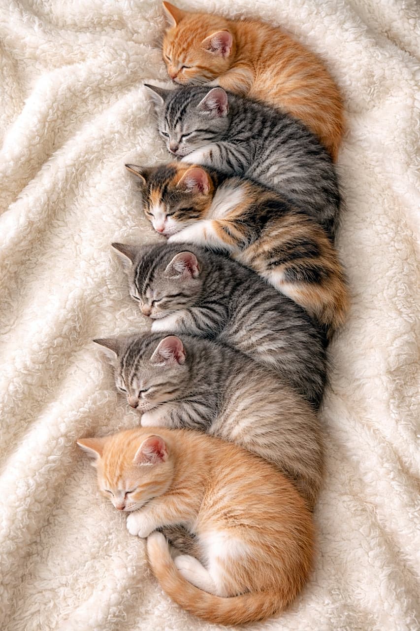 「頭からしっぽまで、ぬくもり一直線。全員熟睡、安心感が渋滞中の子猫ライン😴」Top-down full body view of six kittens sleeping head-to-tail in a snug line, tightly cuddled together on a soft fluffy blanket, with clear fur texture and cozy mood. ふわふわの毛布の上で、6匹の子猫が頭としっぽをつなぐように一直線に並び、寄り添って眠っている俯瞰の全身写真