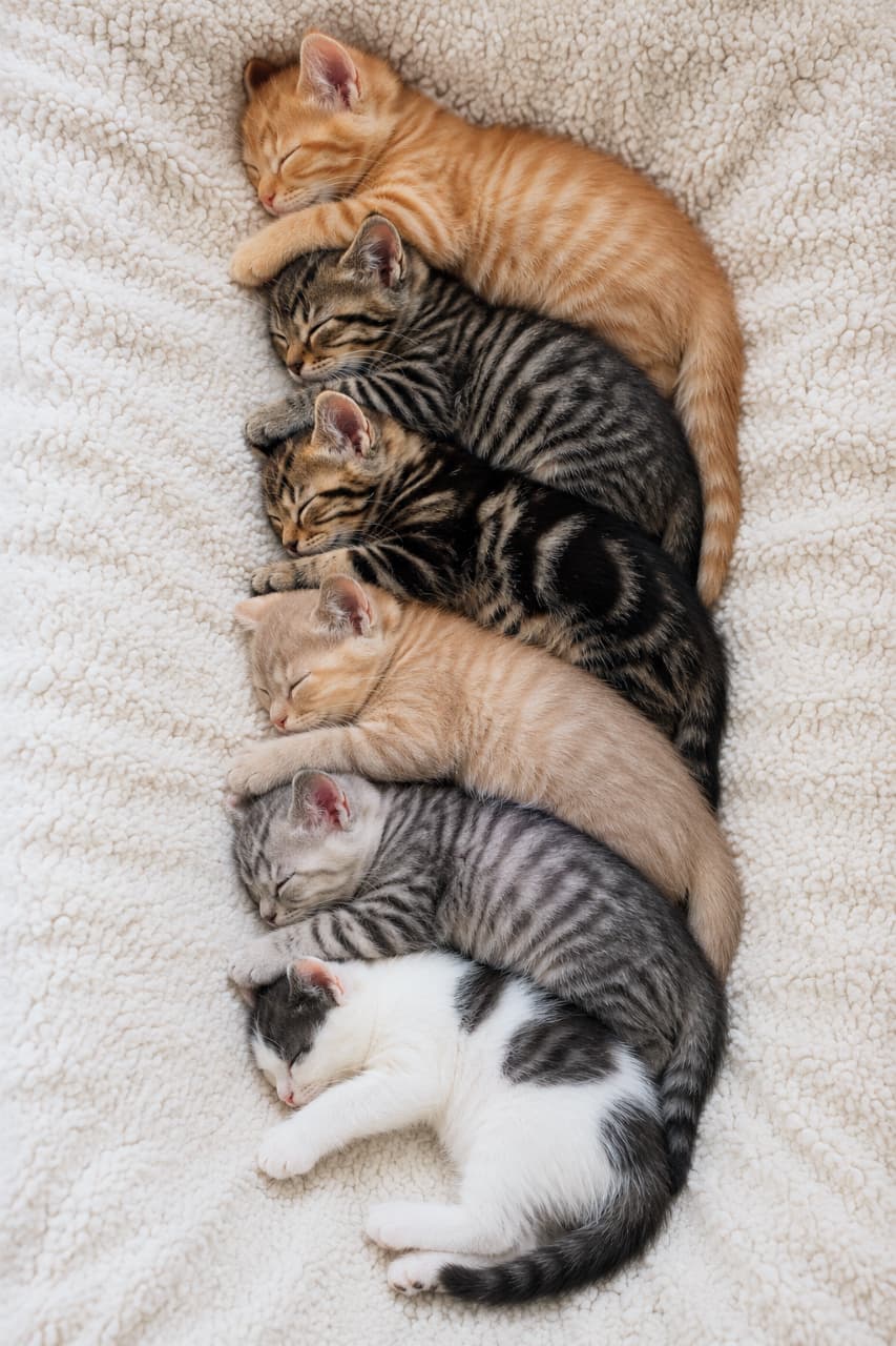 「縦に並んで、はいチーズ📸(寝てるけど💤) 上の子が下の子にそっと手を添えているのが尊すぎます…🥺💖 #多頭飼い猫 #猫好き」Ultra-realistic high-quality photograph of six sleeping kittens lined up perfectly in a vertical row on a white fleece blanket. Their sweet resting faces, varied coat patterns, and gentle touches are captured under soft, comforting light. 白いモコモコのフリース素材の上で、茶トラから白黒まで6匹の短毛種の子猫が縦一直線に重なるように並んで眠るリアルな写真。上の子が下の子の頭に前足をそっと添えるようなポーズと、全体を包み込む柔らかな光が至福の癒やし空間を演出しています