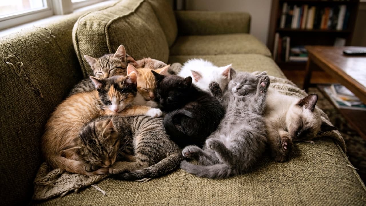 「子猫のもふもふ大渋滞！🐈💤 ぎゅっと重なって眠る姿が尊すぎる…！あなたはどの子の肉球に触れたい？🐾 #子猫 #多頭飼い #猫団子」Ultra-realistic high-quality photograph of a dense pile of sleeping kittens on a green sofa. Various breeds including tabby, calico, ginger, black, white, grey, and Siamese are tangled together. Cinematic lighting highlights detailed fur textures. 緑のソファで密集して眠る多種多様な仔猫たちの写真。キジトラ、三毛、茶トラ、黒、白、グレー、シャム風の毛色が混ざり合い、複雑に手足を絡ませています。窓からのシネマティックな光が毛並みを鮮明に描写