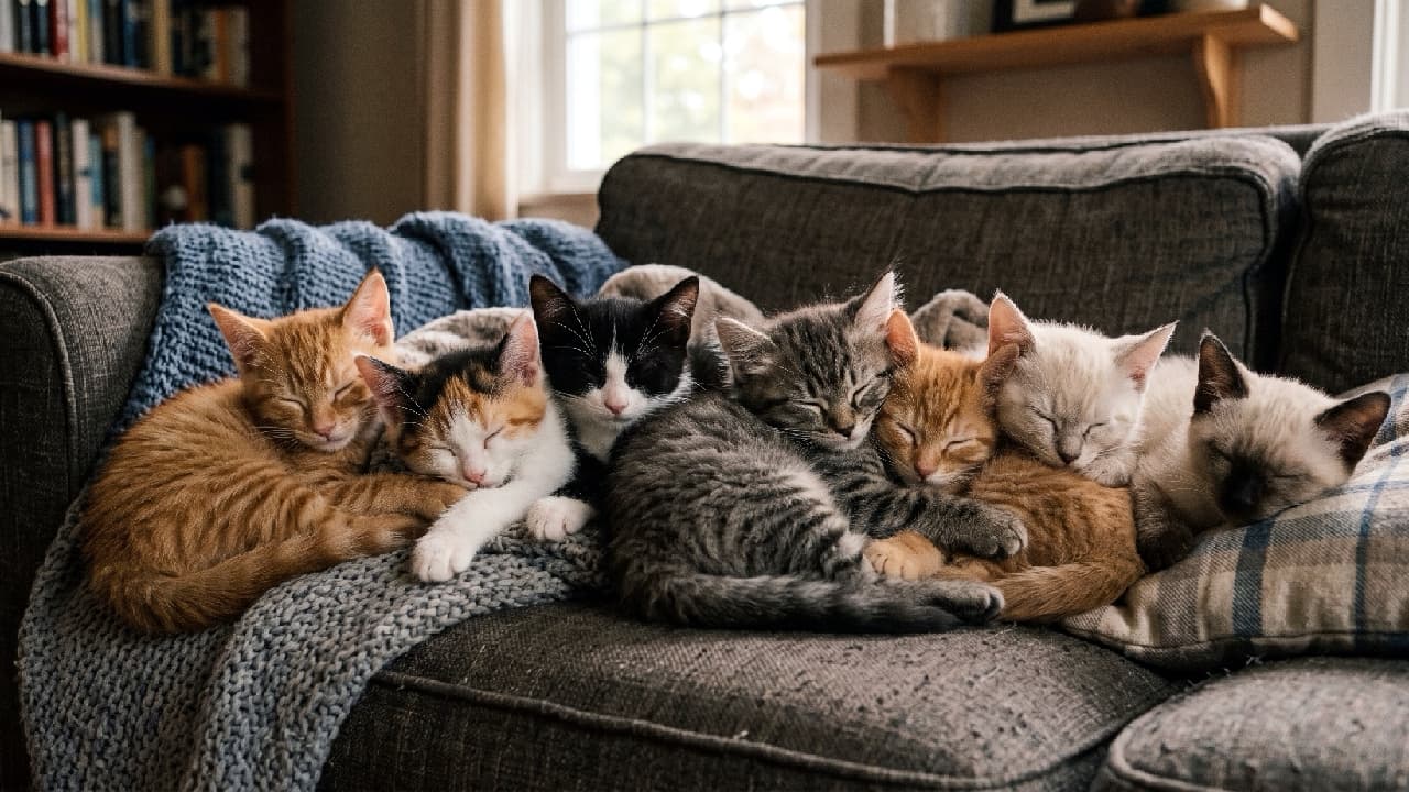 「ぬいぐるみじゃありません！🧸 本物の仔猫たちの団子状態が尊すぎる…！身を寄せ合って爆睡する姿に、思わずニヤけちゃう人？🙋‍♀️💕 #子猫 #多頭飼い #猫団子」Ultra-realistic high-quality photograph of a pile of diverse kittens sleeping soundly in a cuddle on a fabric sofa in a sunlit room. Kittens of various coats, including red tabby, calico, tuxedo, brown tabby, and colorpoint, are intricately tangled but each individual face and form is clearly distinct. They are relaxed on a knitted blanket and patterned pillow, with a warm-toned bookshelf in the background, exuding a sense of comfortable home life. 日の光が差し込む室内のソファの上で、多種多様な仔猫たちが団子状態で身を寄せ合って爆睡している超リアルな写真。茶トラ、キャリコ、タキシード、キジトラ、カラーポイントなど、様々な毛色の仔猫たちが複雑に絡み合いながらも、それぞれの顔や寝姿は鮮明に区別できる。彼らは編みブランケットやチェック柄のクッションの上でリラックスしており、奥の本棚が温かみのある生活感を醸し出している