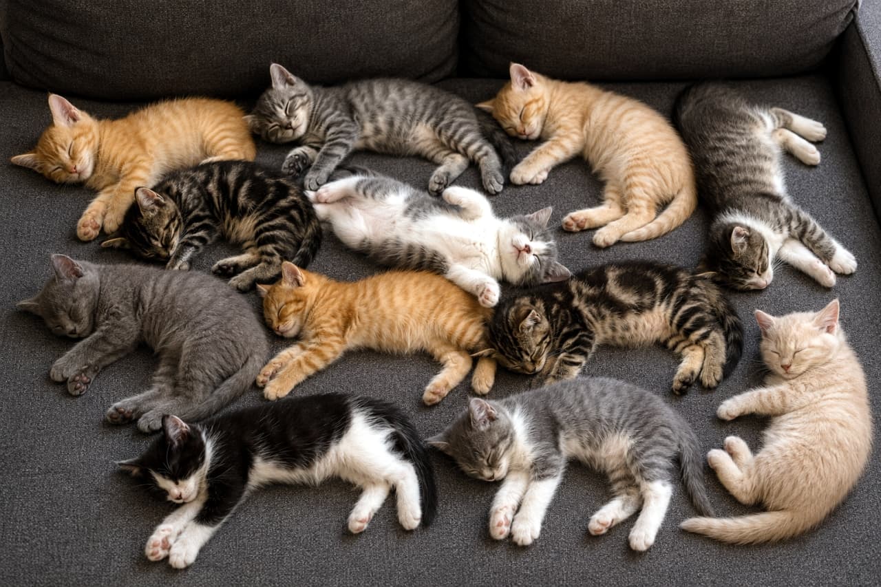 「ソファの上が子猫の大渋滞に…！？🐾💤 色んな柄のもふもふたちがくっついて眠る姿は、まさに幸せの極みですね🥹💖 推しの子猫ちゃんは見つかりましたか？🐈✨ #子猫まみれ #多頭飼育 #癒やし時間」Ultra-realistic high-quality photograph of a messy pile of diverse kittens sleeping peacefully on a textured dark gray sofa. Bathed in cinematic lighting, the image captures various adorable breeds and coat colors including ginger, silver tabby, brown tabby, black-and-white, solid gray, and cream, beautifully detailing their distinct sleeping poses, soft fur, and tiny paws with sharp focus and clear boundaries. シックなダークグレーのソファの上で、茶トラ、サバトラ、キジトラ、ハチワレ、ロシアンブルー風のグレー、淡いクリーム色など、多彩な毛色と模様を持つ10匹以上の子猫たちが身を寄せ合ってぐっすりと眠る高精細写真。無防備にお腹を見せた「へそ天」や、丸まって顔を寄せ合うポーズなど、一匹一匹の柔らかな被毛の質感、ピンクの肉球、安らかな寝顔が、シネマティックな照明の中でリアルかつ立体的に際立っています