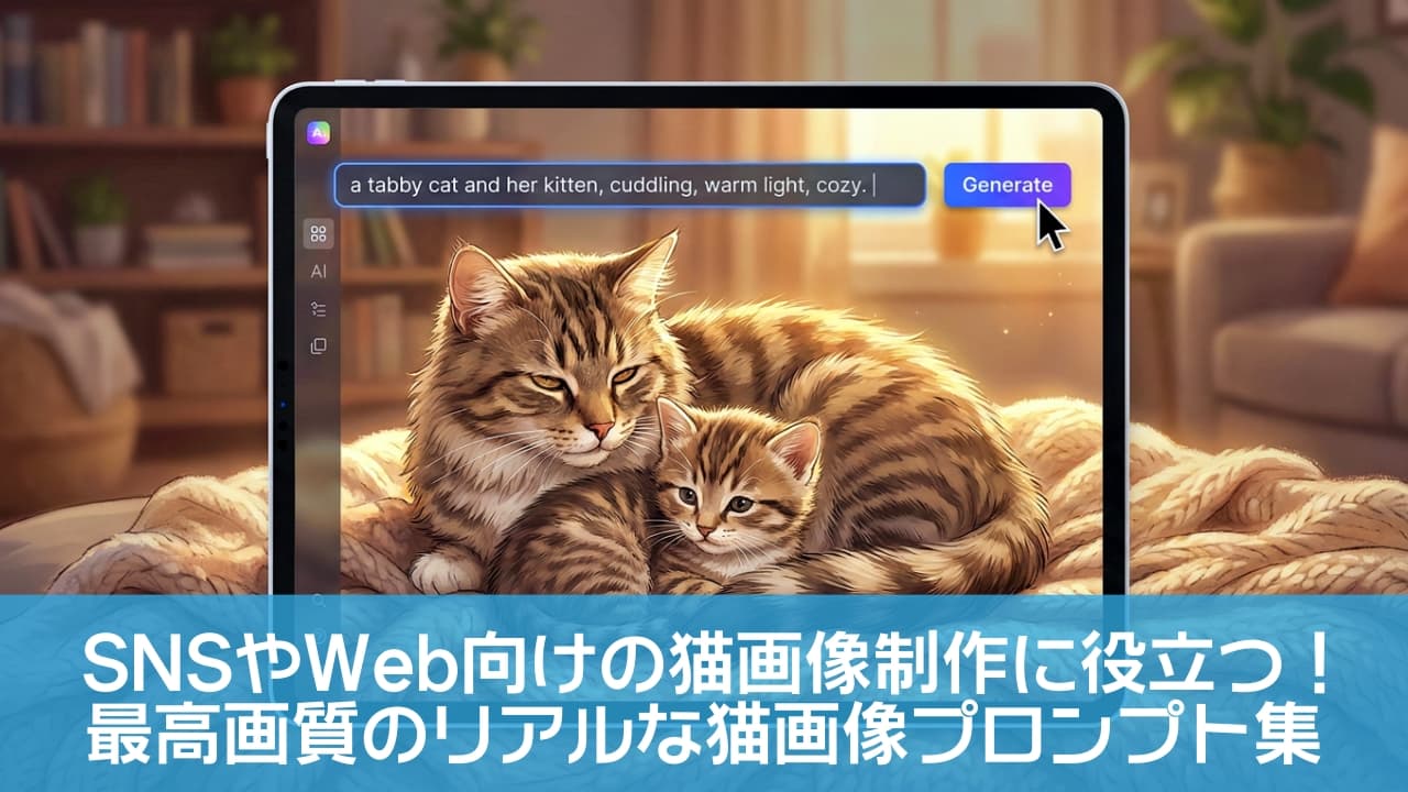 「言葉を入力してポチッ！AIなら理想の猫ちゃん画像も一瞬で完成✨ あなたも魔法のプロンプトに挑戦🐱🎨」An illustration of a tablet displaying an AI image generator interface. The text prompt bar contains "a tabby cat and her kitten, cuddling, warm light, cozy," and the screen shows a generated image of a mother cat and kitten cuddling. A cursor hovers over the "Generate" button, representing AI art creation. タブレット端末の画面に表示されたAI画像生成アプリのインターフェース。「a tabby cat and her kitten...（キジトラ猫と子猫…）」という英語のプロンプトが入力され、画面中央には生成された温かみのある親子の猫のイラストが表示されている。「Generate」ボタンをクリックしようとしている様子を描いた、AI活用ガイドのイメージ画像