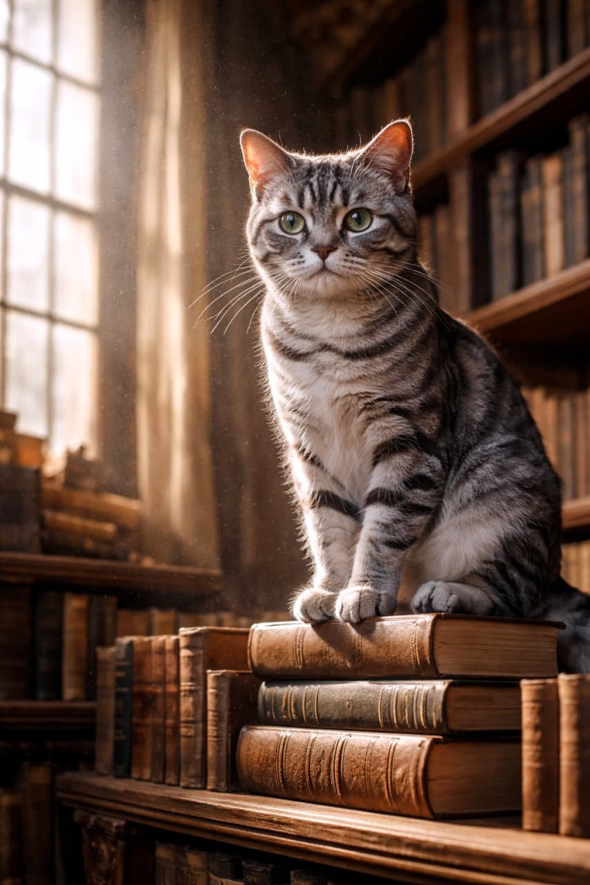 「読書の秋には図書館の番人にご挨拶📖✨知的な表情がかっこいい🐈👓」Ultra-realistic high-quality photograph of a American Shorthair cat sitting majestically on top of antique books in an old library, illuminated by a dusty shaft of sunlight. 窓から差し込む神々しい光の中、古い本が並ぶ図書館の書棚でアンティーク本の上に座っているシルバーブルーのアメリカンショートヘア猫。埃が舞う光の筋まで表現されたリアルな高品質写真
