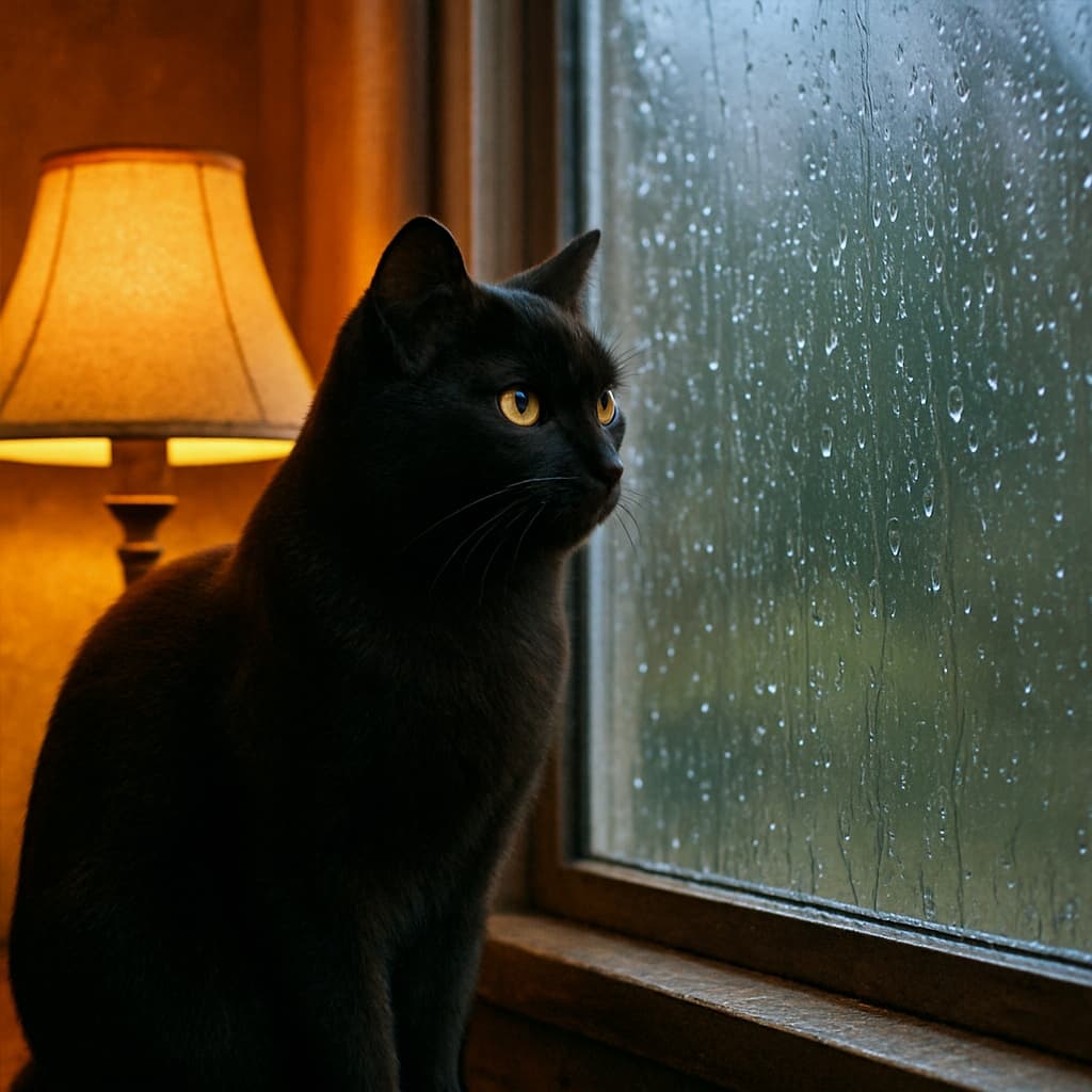 A jet-black Burmese cat sits on a windowsill, gazing outside through a rain-covered window. Warm amber light from a nearby lamp illuminates the cat’s sleek fur. 漆黒のバーミーズ猫が窓辺に座り、雨粒のついたガラス越しに外を見つめている。そばのアンバー調のランプのあたたかな光が猫の毛並みをやわらかく照らしている
