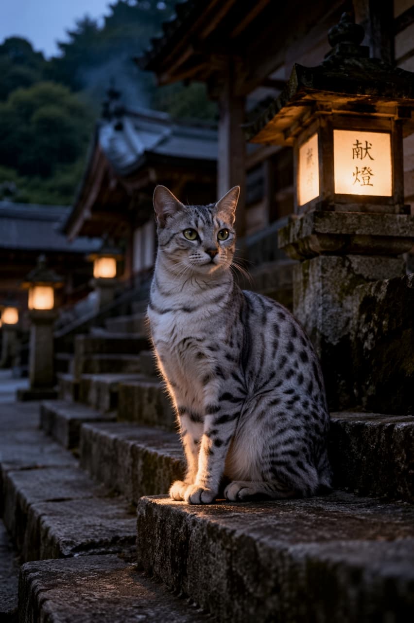 「夕暮れの神社で出会った、神様の使いみたいな猫ちゃん⛩️🌅 灯籠の優しい光がエモすぎる…！🐈✨ #神社猫 #夕暮れ」Ultra-realistic high-quality photograph of a Egyptian Mau cat sitting on stone steps next to a lit stone lantern at a traditional Japanese shrine at dusk.  夕暮れ時の神社仏閣で、明かりの灯った石灯籠の横の石段に座る美しいエジプシャンマウ猫。暖かな光が猫を照らしている
