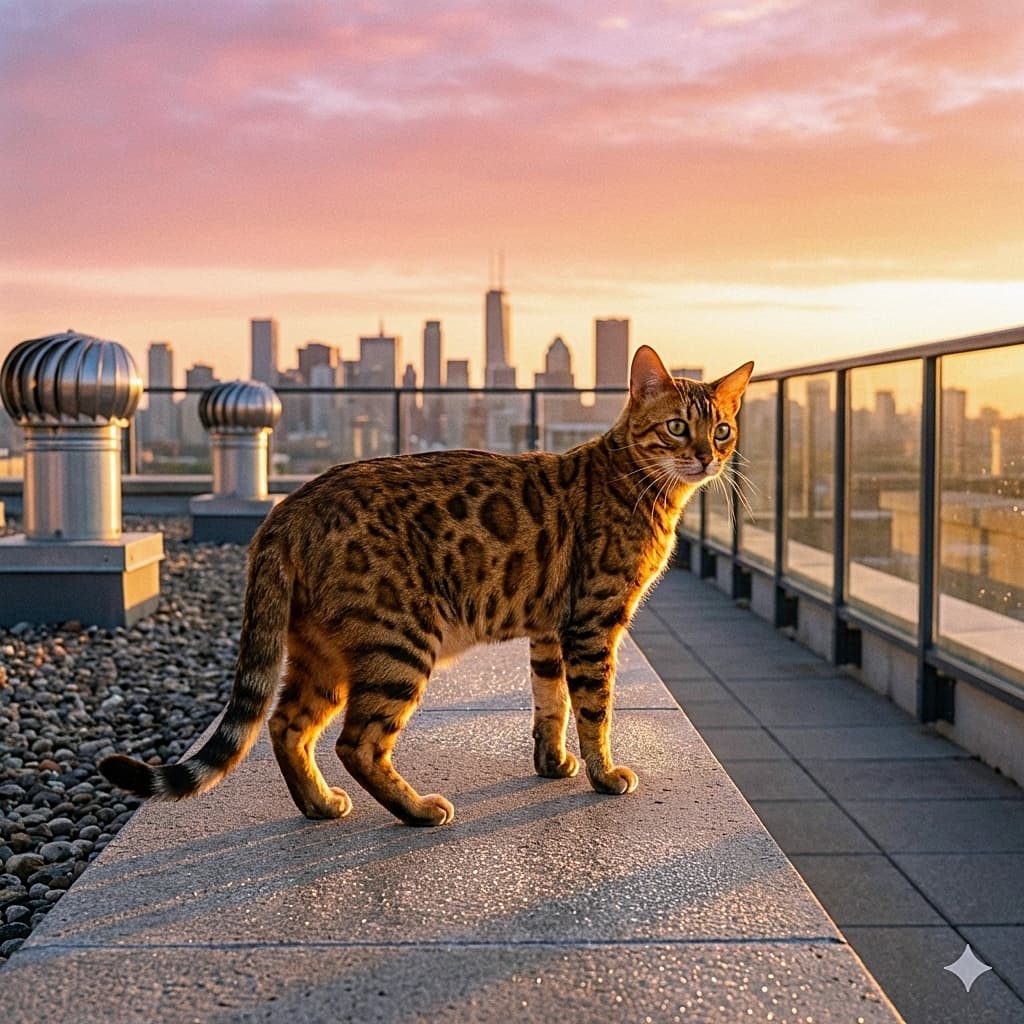 「都会の朝を独り占め！🌅 屋上で朝日を浴びるベンガルキャット。黄金色の毛並みが空に映える最高の一枚です🐈🏙️」A square, ultra-realistic high-quality photograph of a golden Bengal cat standing on a skyscraper rooftop, bathed in the warm glow of morning sunlight. The cat's spotted coat shines against a backdrop of a distant city skyline silhouetted by a stunning pink and orange gradient sky. 正方形の超高画質な写真。ピンクとオレンジの美しいグラデーションを描く朝焼け空を背景に、高層ビルの屋上に立つゴールデンベンガルキャット。朝日に照らされた黄金色のヒョウ柄が輝き、遠くには都会のビル群のシルエットが浮かぶ、ドラマチックで希望に満ちた情景