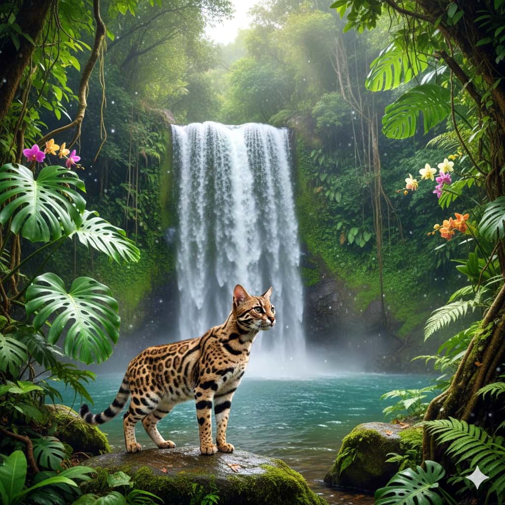 「まるで野生の「小さな豹」🐆 熱帯の滝をバックに、オシキャットの凛々しい立ち姿。冒険の予感…！？🌿✨」A vertical, ultra-realistic photograph of an Ocicat with jaguar-like spots standing alert on a mossy rock. It is positioned in front of a large tropical rainforest waterfall cascading into a turquoise pool, surrounded by huge monstera leaves, ferns, and exotic flowers. 熱帯雨林の大きな滝と滝壺を背景に、苔むした岩の上で警戒して立つオシキャットの縦構図写真。ジャガーのような斑点模様が特徴で、周囲は巨大なモンステラの葉やシダ、エキゾチックな花々に囲まれている