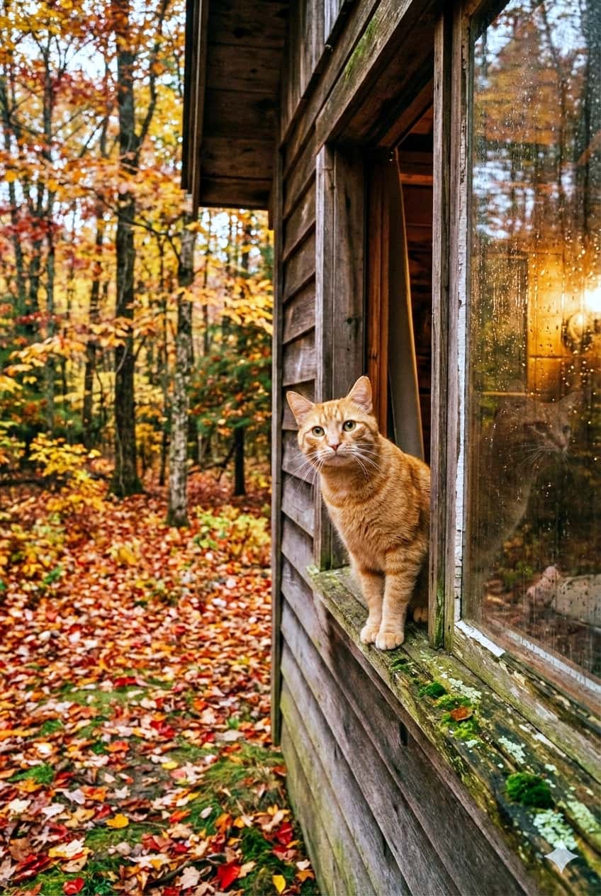 「森の奥で小さな出会い🍂 木小屋の窓辺に佇む茶トラ猫。紅葉に囲まれた静かな秋の物語が始まりそう🐈🏠」A vertical, ultra-realistic high-quality photograph of an orange tabby cat standing on the windowsill of a rustic wooden cabin in a deep autumn forest. Surrounded by vibrant red and yellow fallen leaves, the scene features raindrops on the glass and a warm glow from inside, creating a cozy and story-like atmosphere. 縦構図の超高画質な写真。赤や黄色に色づいた落ち葉が広がる深い秋の森で、古びた木造小屋の窓枠に茶トラ猫が立っている。窓ガラスには雨粒がつき、室内の温かい灯りが漏れる中、猫がこちらを見つめている物語性のある情景