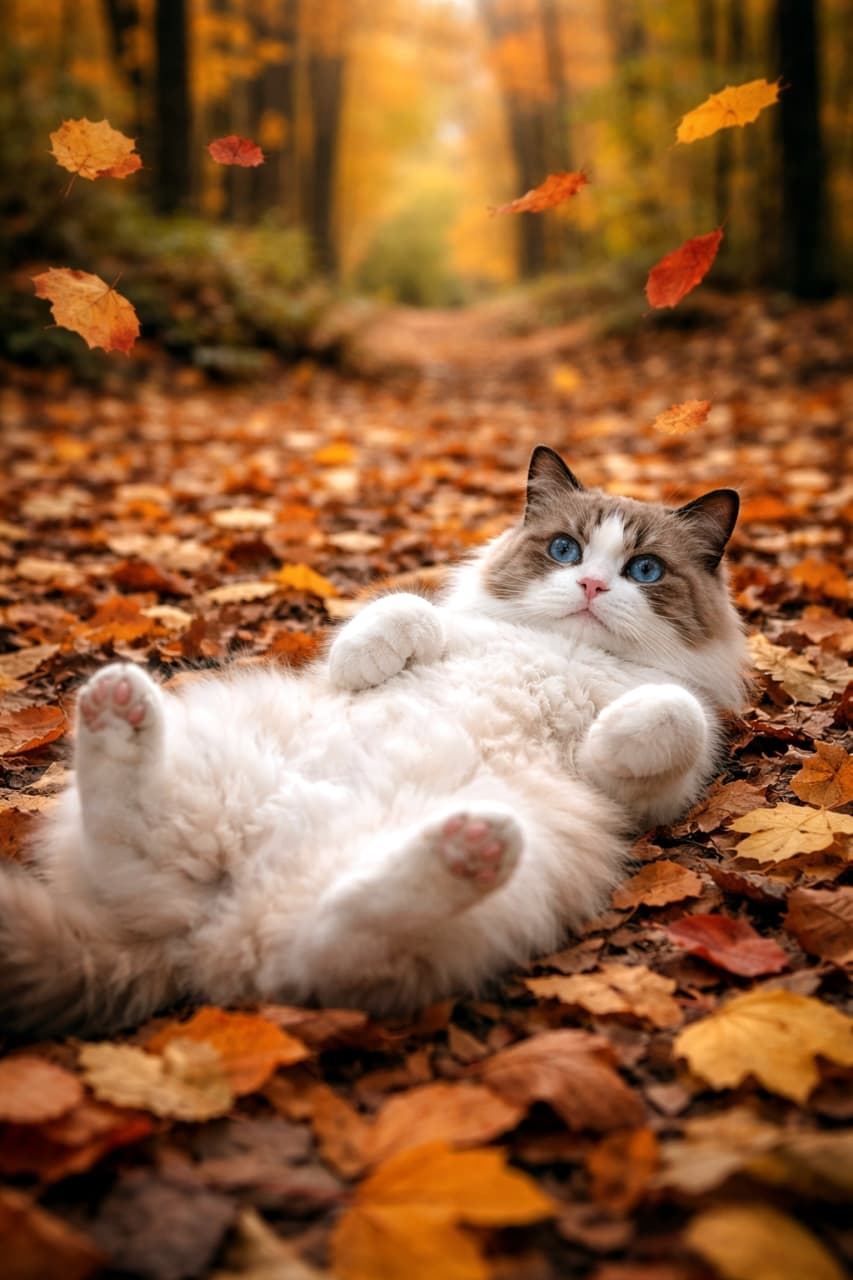 「秋の森は楽しいことがいっぱい！🍁✨ 落ち葉のベッドでへそ天ポーズのあざとかわいい天使です👼🍂」Ultra-realistic high-quality photograph of a fluffy Ragdoll cat lying on its back on a bed of autumn leaves in a beautifully colored forest, watching the falling leaves. 美しい紅葉の森の中で、ふかふかの落ち葉の上に仰向けに寝転がり、舞い散る葉っぱを見つめるラグドール猫の高画質な写真