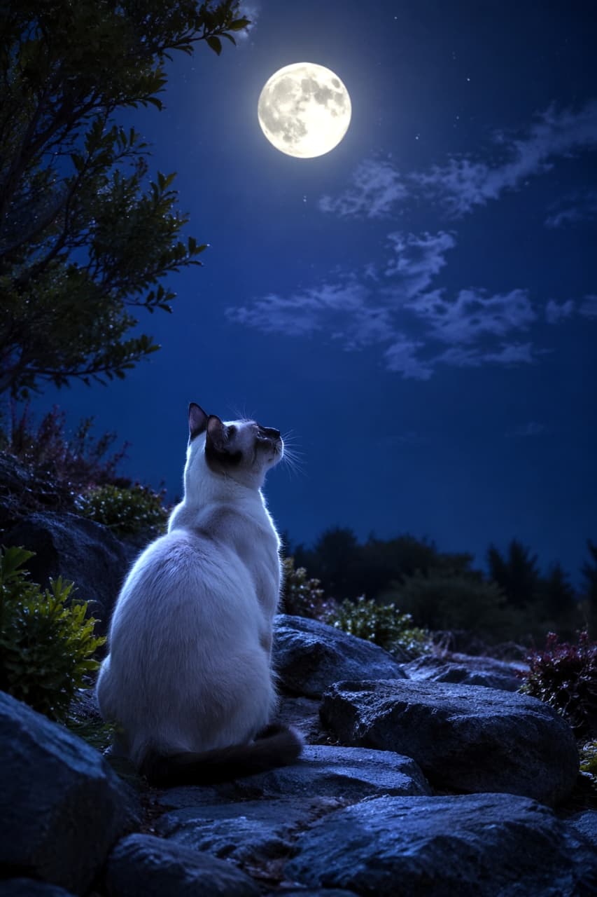 「月明かりに照らされて、何を想うの…？🌕✨ 神秘的な夜の風景と猫のシルエットにうっとり🐈‍⬛💙 #シャム猫 #月夜」Ultra-realistic high-quality photograph of a Siamese cat sitting on rocks and looking up at the bright full moon on a starry night. 満月が輝く夜、岩場に座り空を見上げるシャム猫の後ろ姿。月明かりに照らされた毛並みと神秘的な背景が特徴的