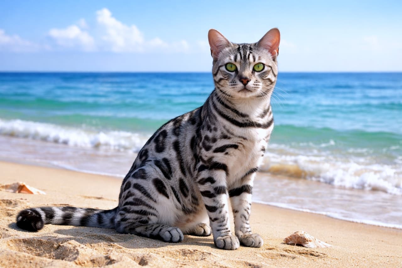「海辺のバカンスへようこそ🌊✨ クールなヒョウ柄がかっこいい夏満喫のにゃんこです😎🌴」Ultra-realistic high-quality photograph of a beautiful silver Bengal cat sitting on a sandy beach with blue ocean and sky in the background, a seashell nearby. 青い空と海を背景に、砂浜に座ってカメラを見つめる美しいヒョウ柄のシルバーベンガル猫の高品質な写真。足元には貝殻が落ちている
