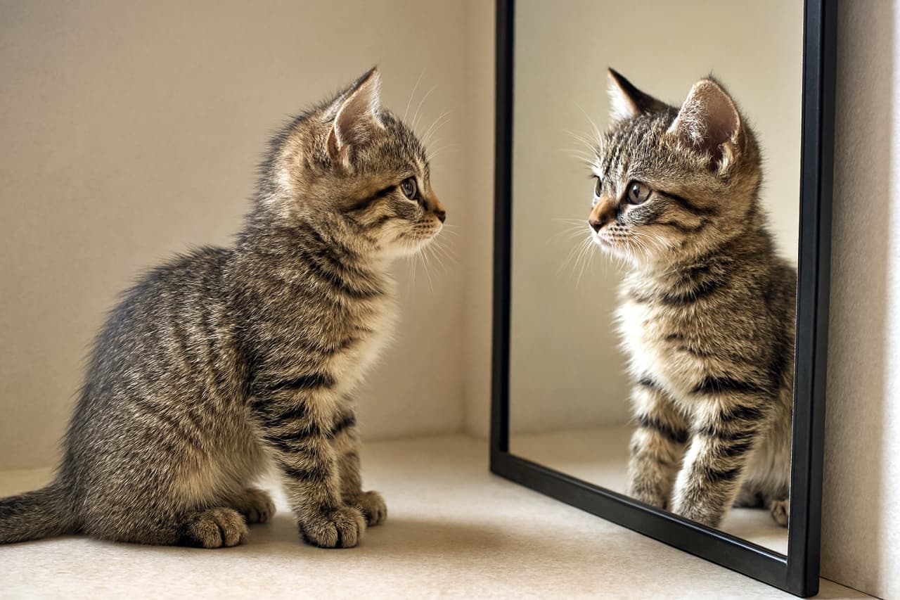 「鏡に映るもうひとりのボク。ふたりで並んで、かわいさ倍増！」A photorealistic kitten stands sideways in front of a mirror, its profile perfectly reflected with soft shadows and high-resolution detail. 写実的な子猫が横向きに鏡の前に立ち、柔らかな影の中で横顔が正確に映し出されている