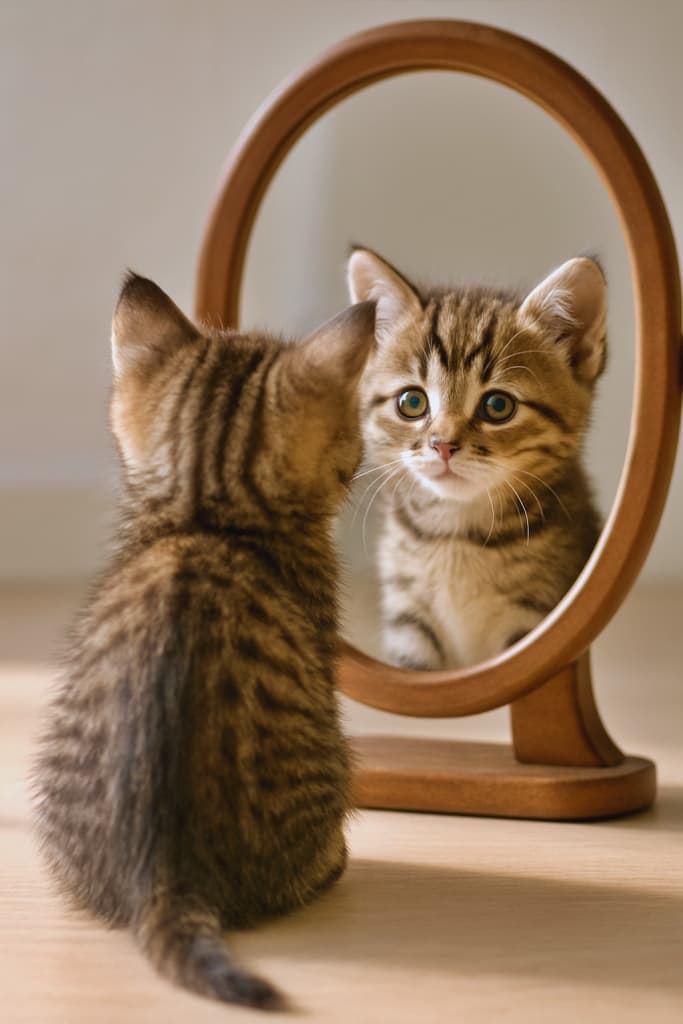A photorealistic kitten sitting in front of a mirror, viewed from behind, with only its face clearly reflected. The mirror shows the kitten’s gentle expression under soft natural lighting. 鏡の前に座る子猫を後ろ姿から捉え、鏡には表情のある顔だけがはっきり映っている。柔らかな自然光に包まれたフォトリアルな構図