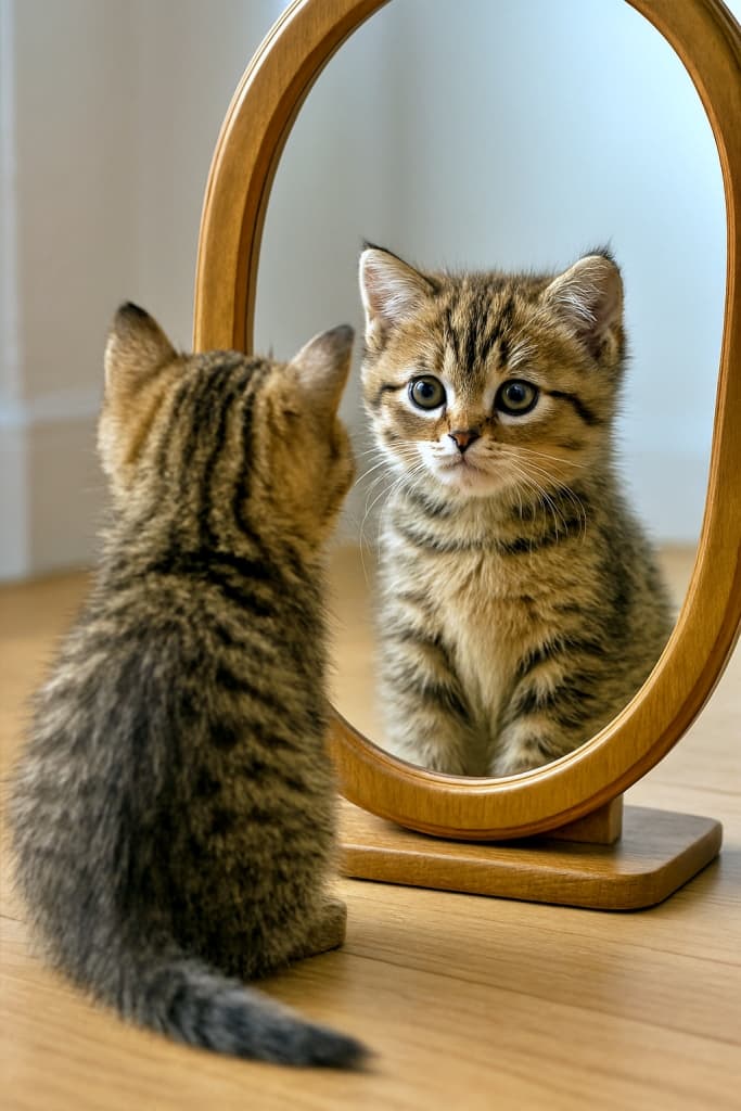 ✨「鏡に映るもうひとりのボク…キラキラ瞳で未来を見つめてる！」✨A photorealistic kitten sits on a hardwood floor, viewed from behind, gazing into a mirror. Only its face is clearly reflected, showing wide amber eyes and a soft expression. Natural light illuminates the scene with clean composition and accurate reflection. フォトリアルな子猫が木の床に座り、背中越しに鏡を見つめています。鏡には顔だけが鮮明に映り、琥珀色の大きな瞳と柔らかな表情が際立っています。自然光が差し込み、清潔な構図と正確な反射が描かれています