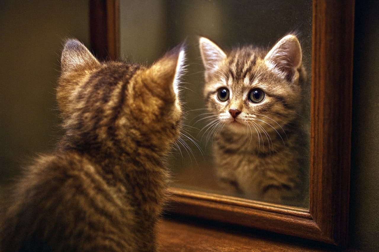 Over-the-shoulder view of a fluffy kitten gazing into a mirror, with its curious face reflected softly. 
ふわふわの子猫が鏡を見つめる後ろ姿。鏡には好奇心いっぱいの表情がやさしく映っている