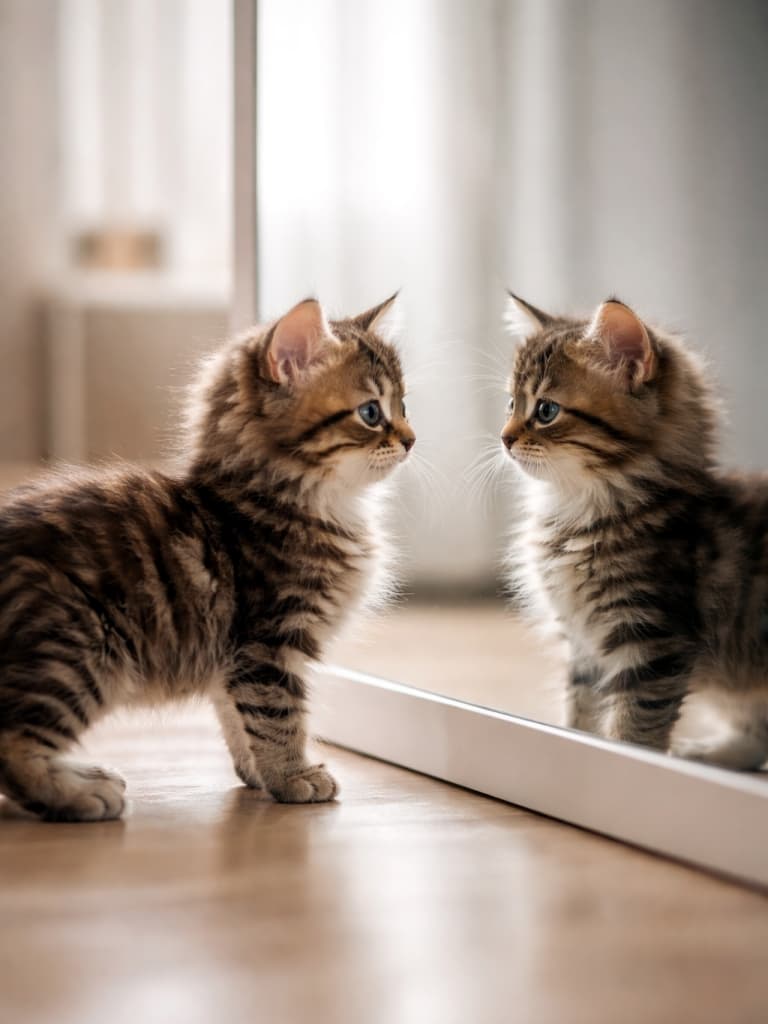 A photorealistic kitten standing sideways in front of a mirror, showing its profile while the mirror reflects the same profile angle, with soft natural light and gentle shadows. 鏡の前に横向きで立つ子猫の横顔と、同じ角度で映り込む鏡の反射が写った高解像度のフォトリアルな画像。柔らかな自然光と穏やかな影