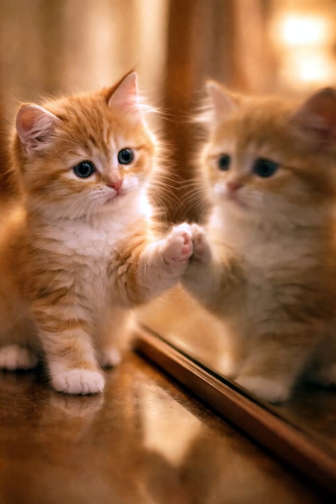 A photorealistic kitten gently touching a mirror with one paw, warm soft lighting, and a softly blurred reflection creating a calm and tender mood. 片足でそっと鏡に触れる子猫の様子。暖かい光に包まれ、映り込みはやわらかくぼかされた、穏やかで優しい雰囲気の写真