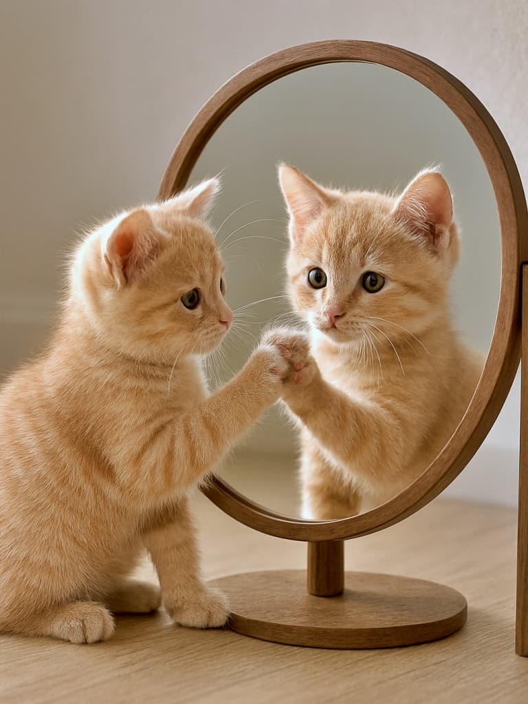 「まるい鏡にうつる、まるい好奇心—ふんわりオレンジの小さな探検家？」A light orange tabby kitten touches a round wooden-framed mirror on a light wood floor, seemingly interacting with its reflection. Yet the mirror fails to reflect accurately—the kitten is not oriented toward the mirror, and the reflection appears misaligned, suggesting the kitten is interacting with a duplicate outside the mirror. 淡いオレンジ色の子猫が丸型の木枠鏡に触れているが、鏡に向かっていないため、反射像との整合性が取れておらず、鏡の中の自分ではなく鏡の外の“もうひとり”と触れ合っているように見える