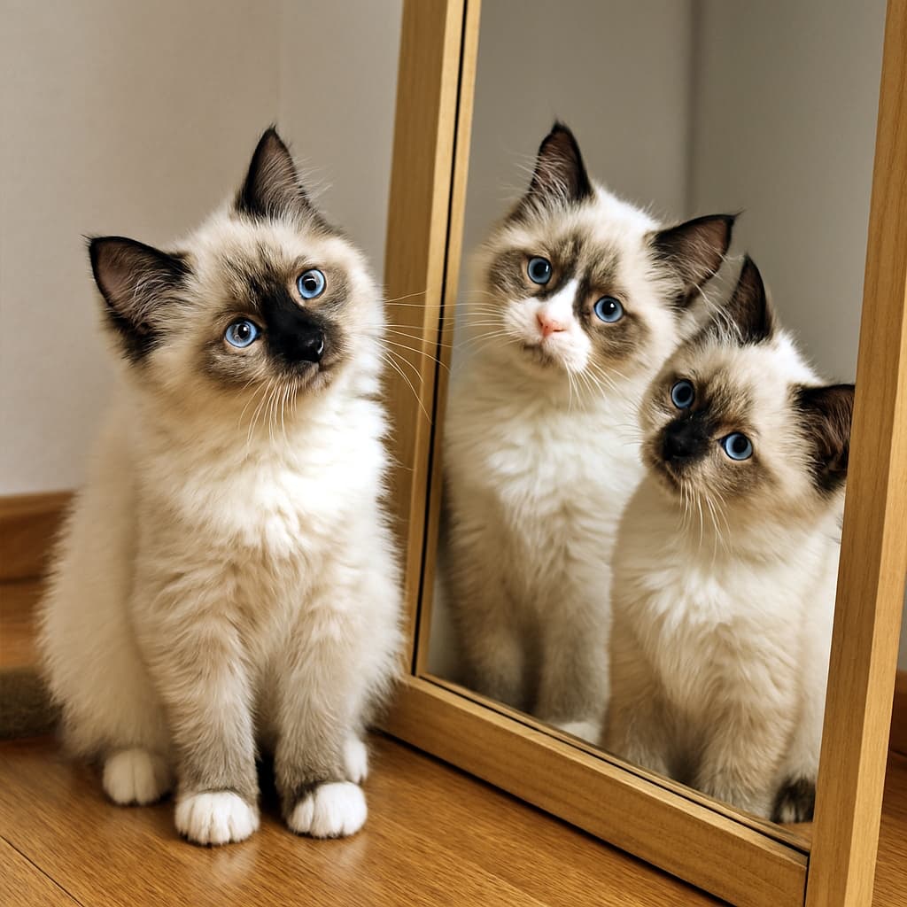 Two Ragdoll kittens with cream-colored fur and dark brown points sit on a wooden floor in front of a floor mirror, tilting their heads curiously at their reflections. The mirror shows the kittens’ faces and bodies, but the reflections are incorrect and do not accurately match the kittens’ real positions, angles, or mutual gaze, creating an unnatural and flawed composition that fails to follow the original request. クリーム色の毛並みとダークブラウンのポイントを持つラグドールの子猫2匹が、木製の床の上で床置きの鏡の前に座り、自分の映り込みを不思議そうに頭を傾けながら見つめている。鏡には子猫たちの姿が映っているものの、実際の位置関係や頭の角度、互いの視線の関係が正しく反映されておらず、不自然で破綻した構図になっており、「鏡の前で自分と相手を見つめ合う」という元のリクエストに反している