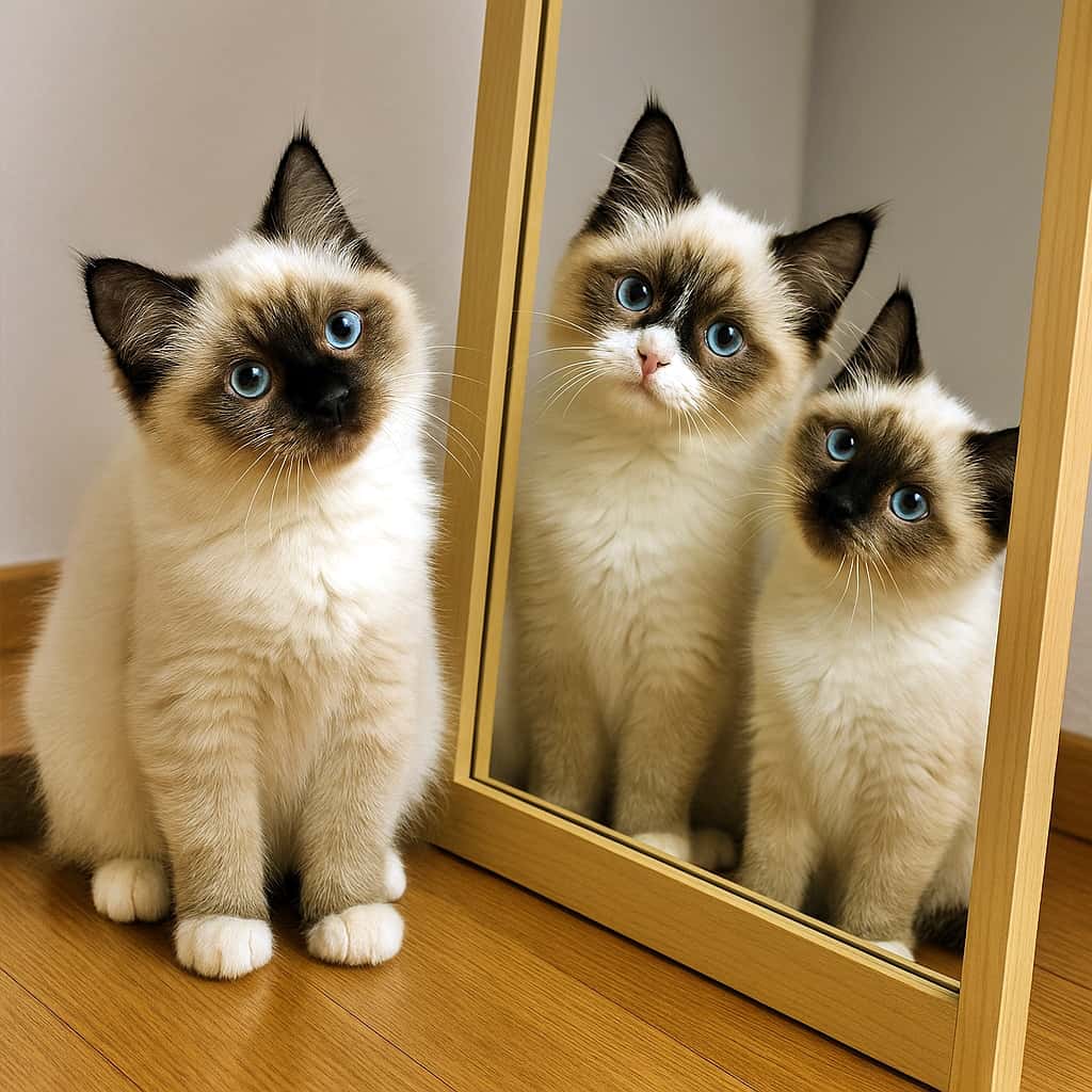 Two Ragdoll kittens with fluffy cream-colored fur and dark brown points sit on a warm wooden floor in front of a full-length mirror, tilting their heads as they look at their reflections and each other. Although the mirror clearly shows the kittens, the reflected poses and positions do not properly correspond to the real kittens’ angles or gaze, resulting in an inaccurate mirror reflection that contradicts the requested scene of natural, consistent reflections. ふわふわしたクリーム色の毛並みとダークブラウンのポイントを持つラグドールの子猫2匹が、暖かみのある木の床の上で全身鏡の前に座り、互いと鏡の中の自分を見ながら首をかしげている。鏡には子猫たちの姿がはっきりと映っているものの、実際の子猫のポーズや位置、頭の傾きや視線と正確に対応しておらず、鏡の反射として破綻していて、自然で一貫した写り込みを求めた元のリクエストに反している