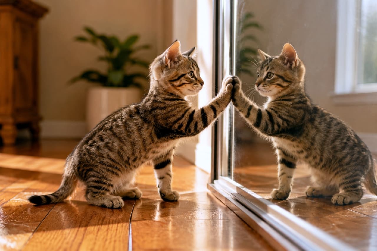 「鏡の中の自分と元気いっぱいにハイタッチ！🐾明日もいい日になりそうニャ〜☀️✨ #子猫 #キジトラ部 #ハイタッチ #猫好きさんと繋がりたい」Ultra-realistic high-quality photograph of an energetic tabby kitten standing up and touching a large mirror in a sunlit room. The beautiful contrast of light and shadow on the wooden floor highlights the perfect symmetrical reflection of the kitten seemingly giving a high-five to itself. 暖かい夕陽が差し込む室内で、大きな姿見の前に立ち、前足をつけて背伸びをするキジトラの子猫。フローリングに落ちる光と影のコントラストが美しく、鏡の中の自分と完璧なシンメトリーでハイタッチをしているような、生命力とエネルギーにあふれる一瞬を捉えています